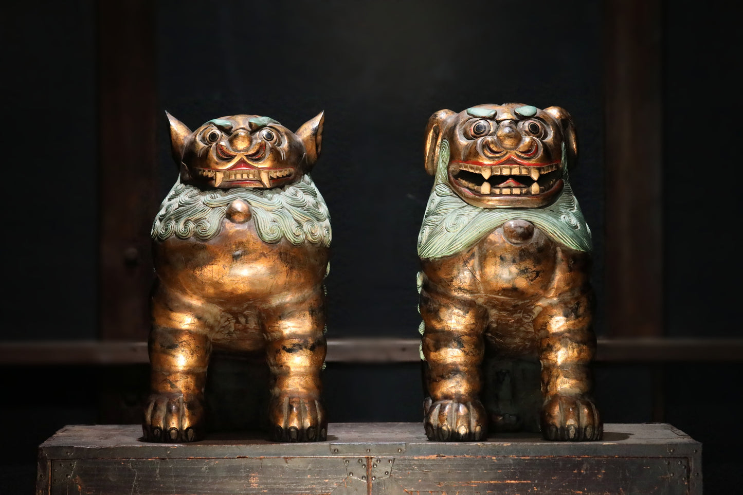 Antique Japanese Wood Shishi Lion Sculptures pair, Temple Guardian Statues, 1900s