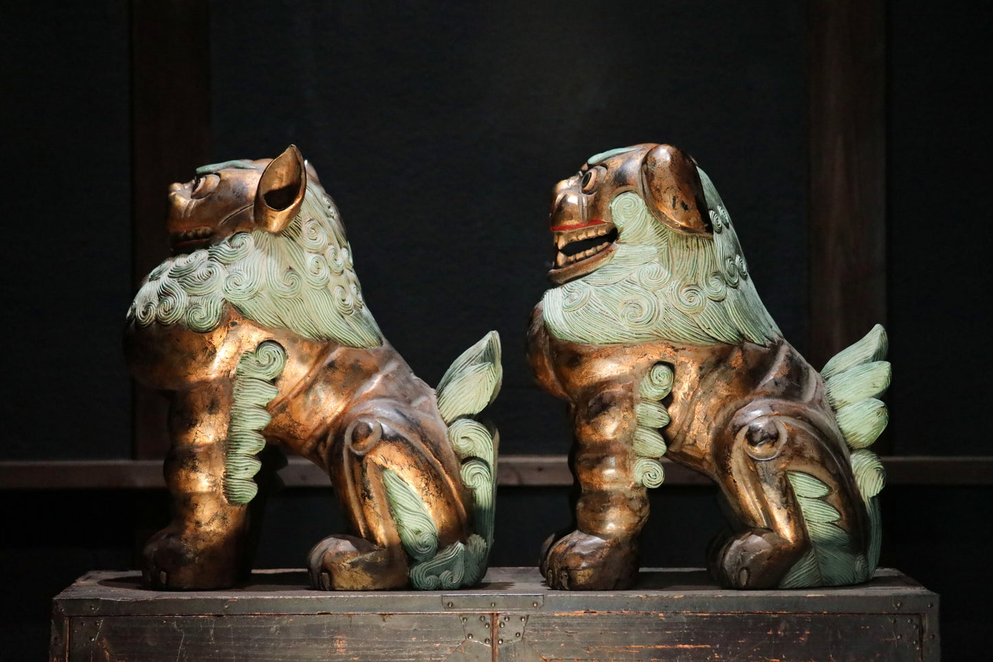 Antique Japanese Wood Shishi Lion Sculptures pair, Temple Guardian Statues, 1900s