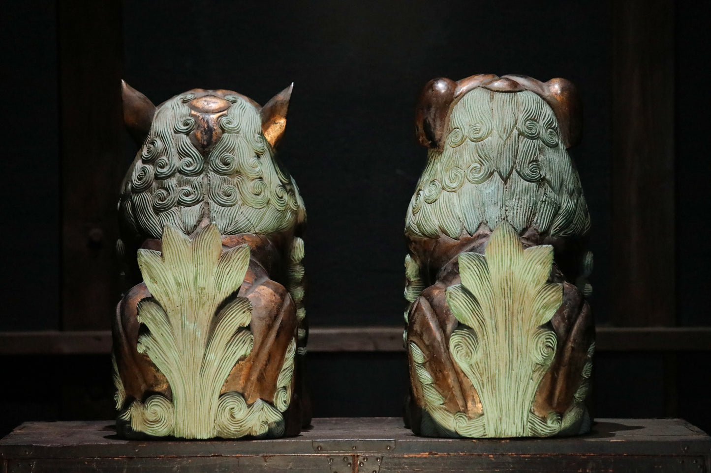 Antique Japanese Wood Shishi Lion Sculptures pair, Temple Guardian Statues, 1900s