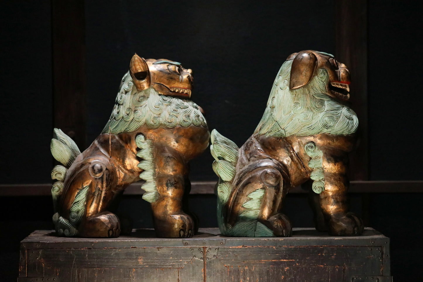 Antique Japanese Wood Shishi Lion Sculptures pair, Temple Guardian Statues, 1900s