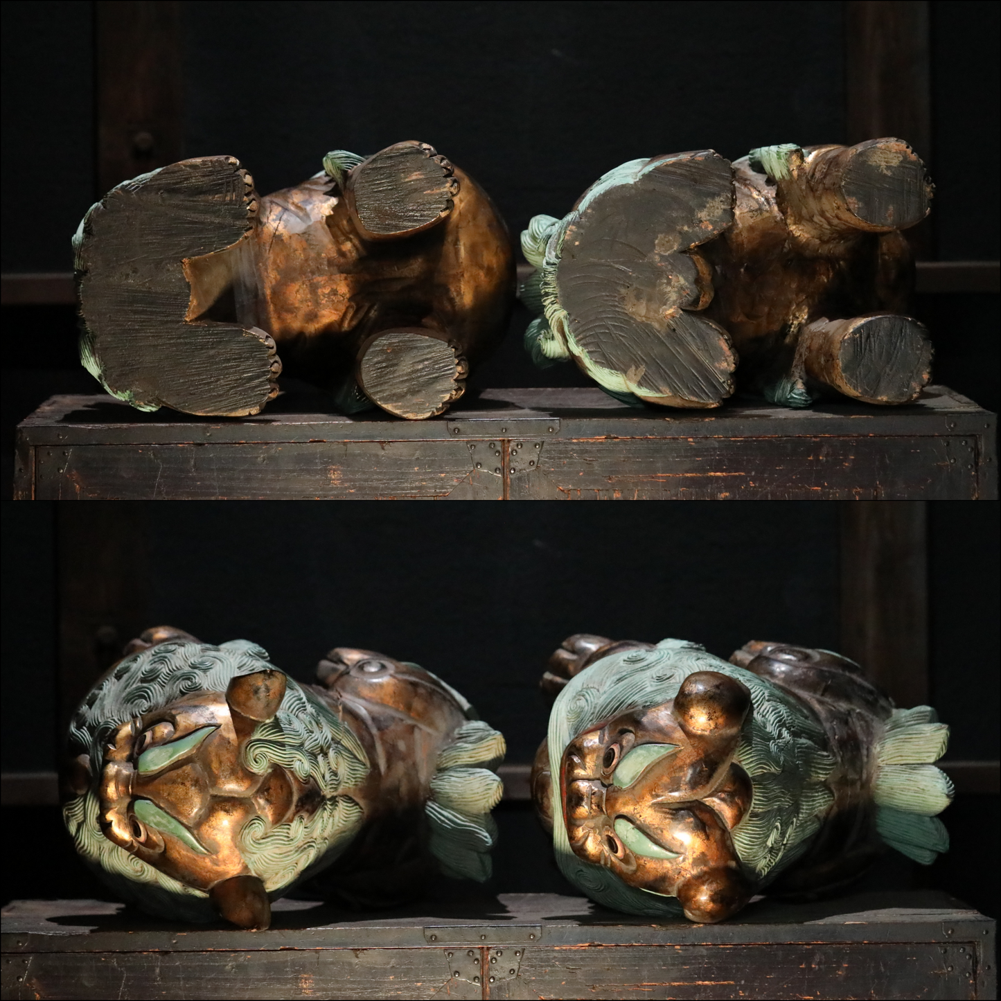 Antique Japanese Wood Shishi Lion Sculptures pair, Temple Guardian Statues, 1900s