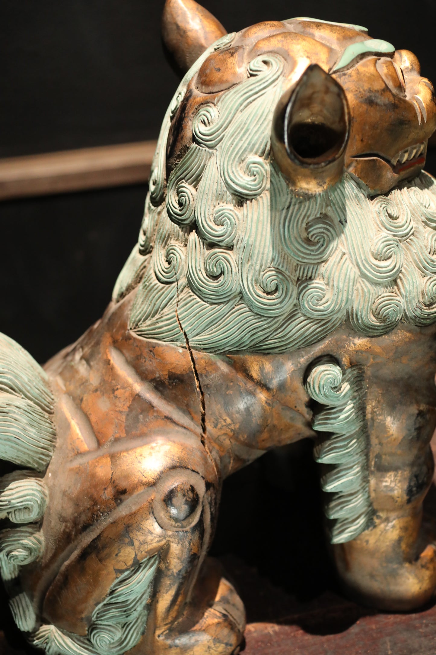 Antique Japanese Wood Shishi Lion Sculptures pair, Temple Guardian Statues, 1900s