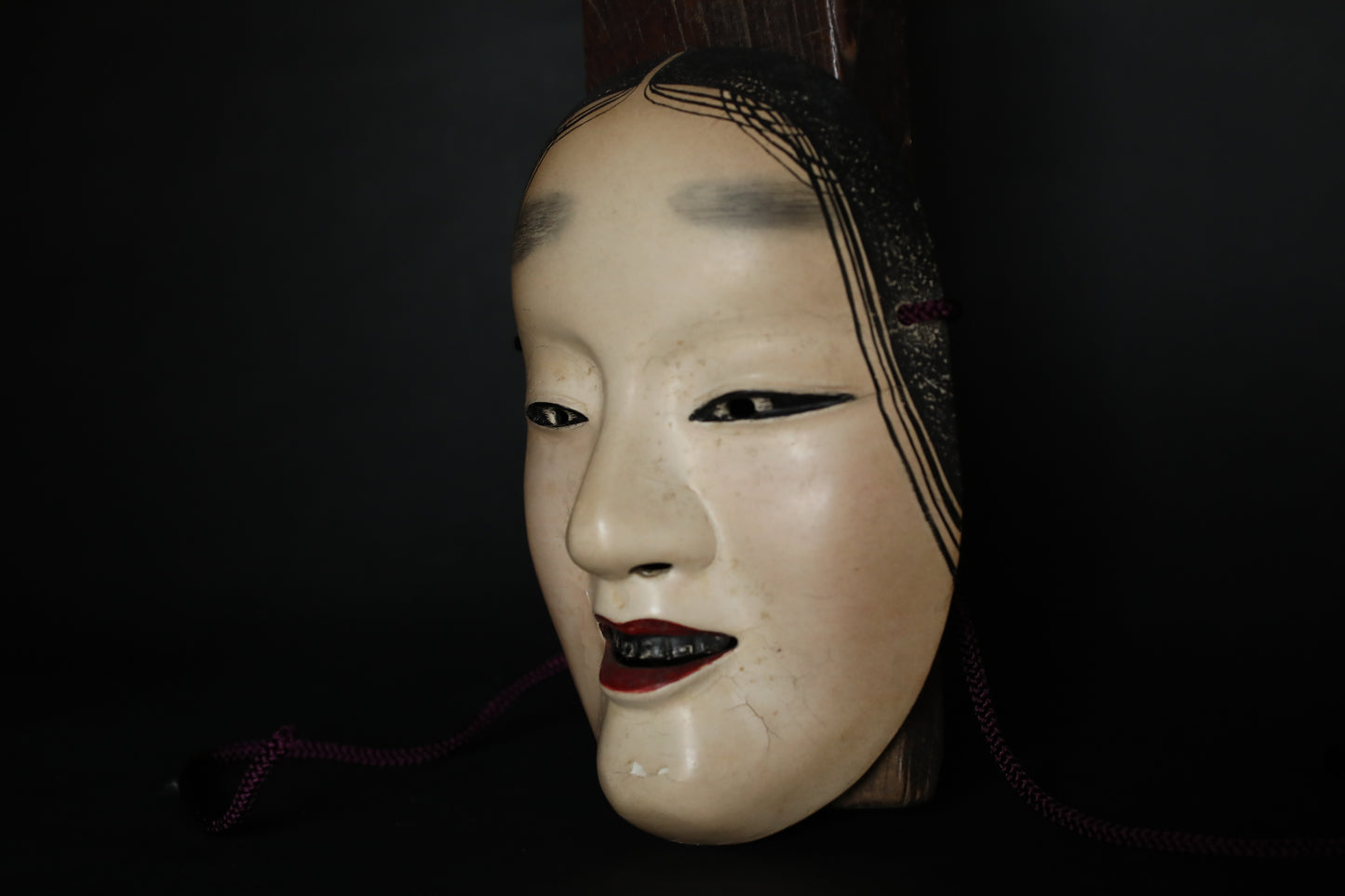 Japanese antique NOH mask wood carving FUKAI wall ornament Signed with silk bag
