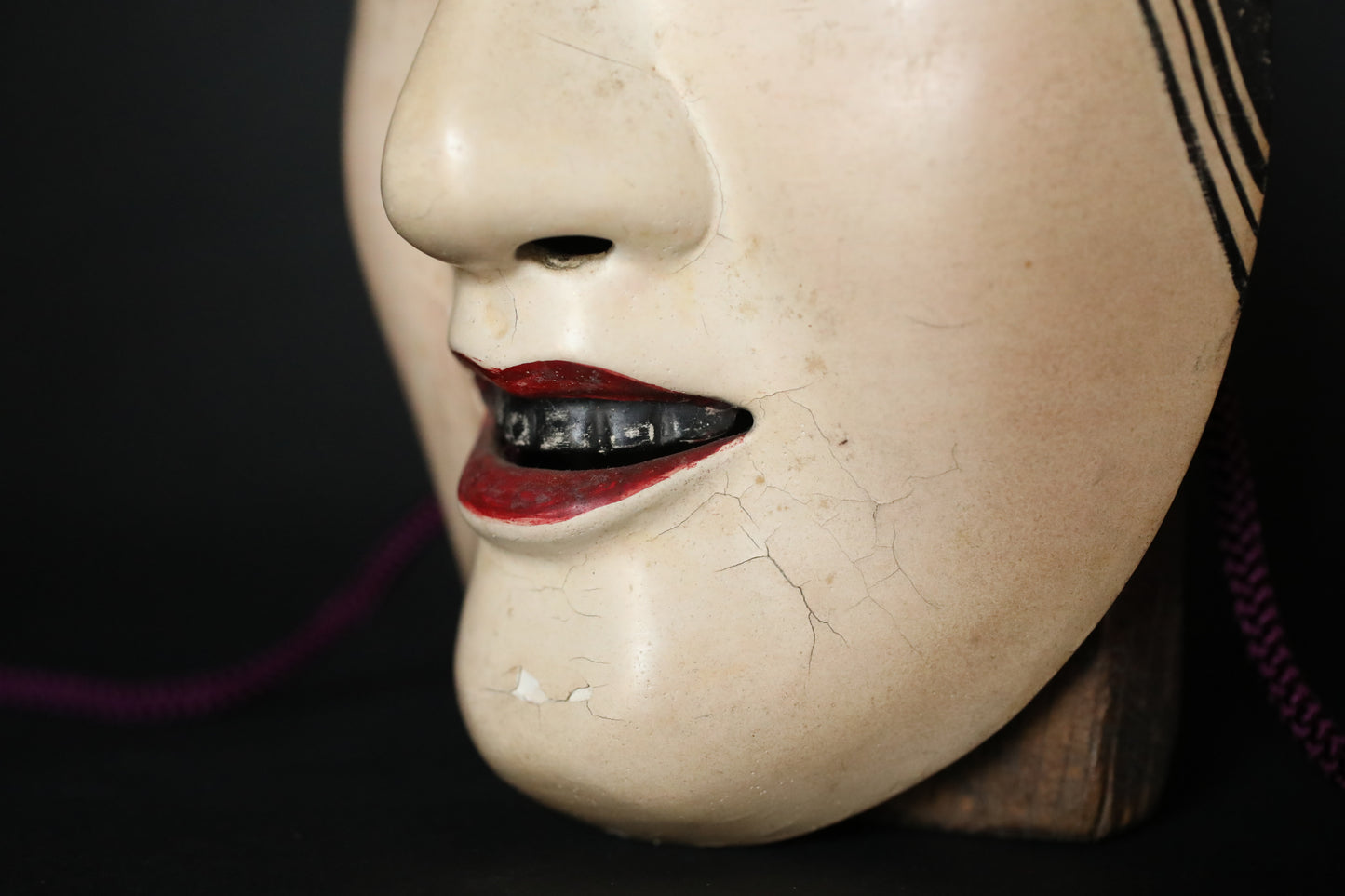 Japanese antique NOH mask wood carving FUKAI wall ornament Signed with silk bag