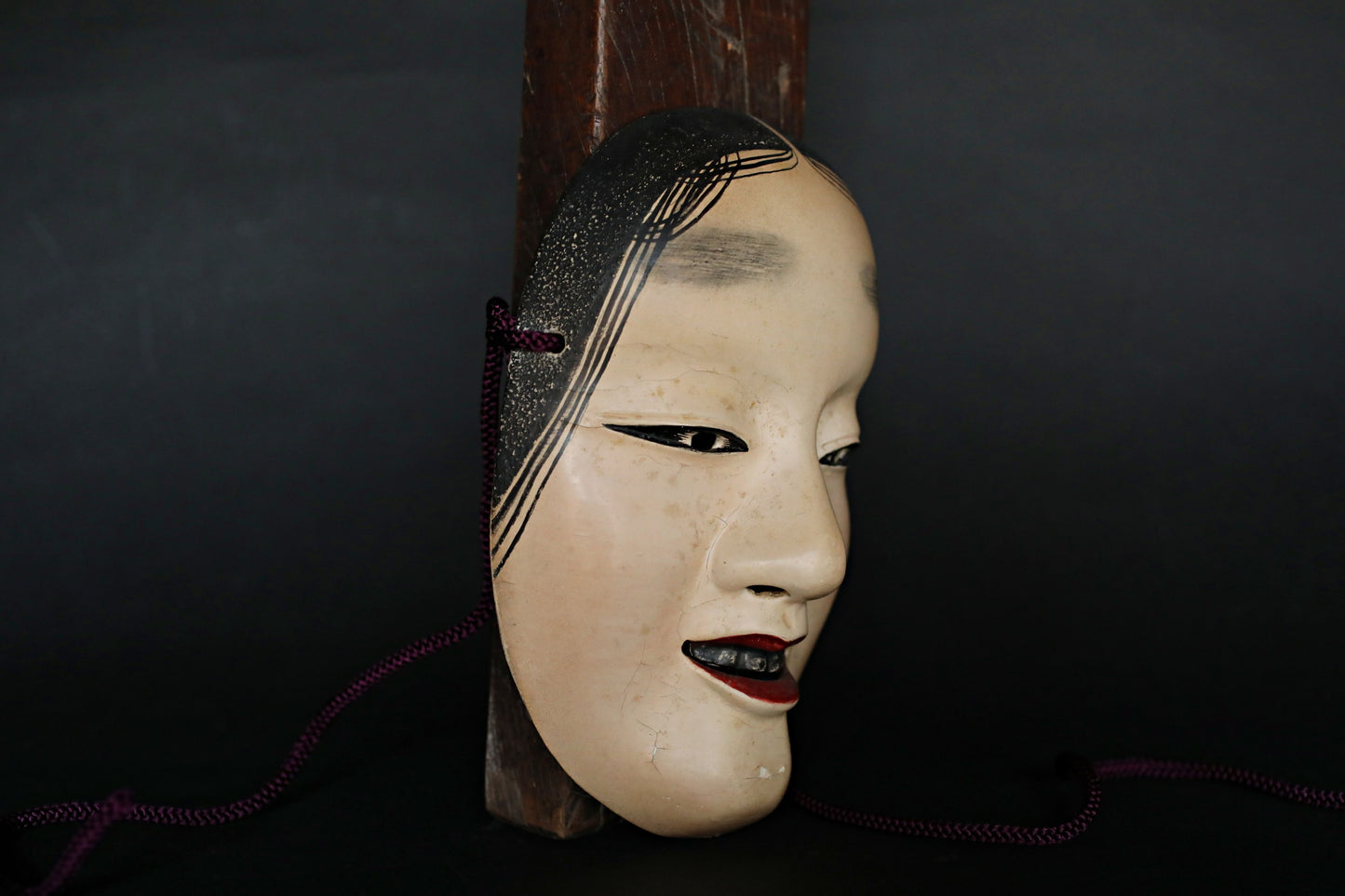 Japanese antique NOH mask wood carving FUKAI wall ornament Signed with silk bag
