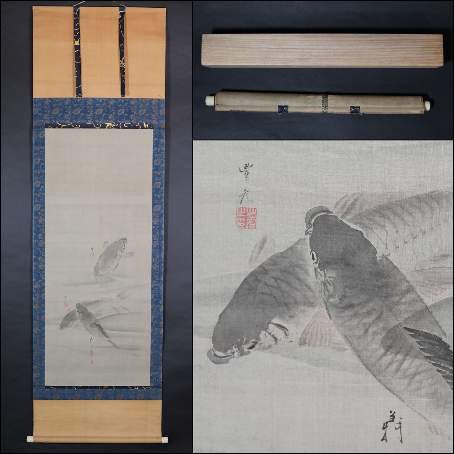 Japanese antique watercolor painting scroll fine painted carps KOI, KAKEJIKU with signature of three masters H68.5x20.5in / 174x52cm
