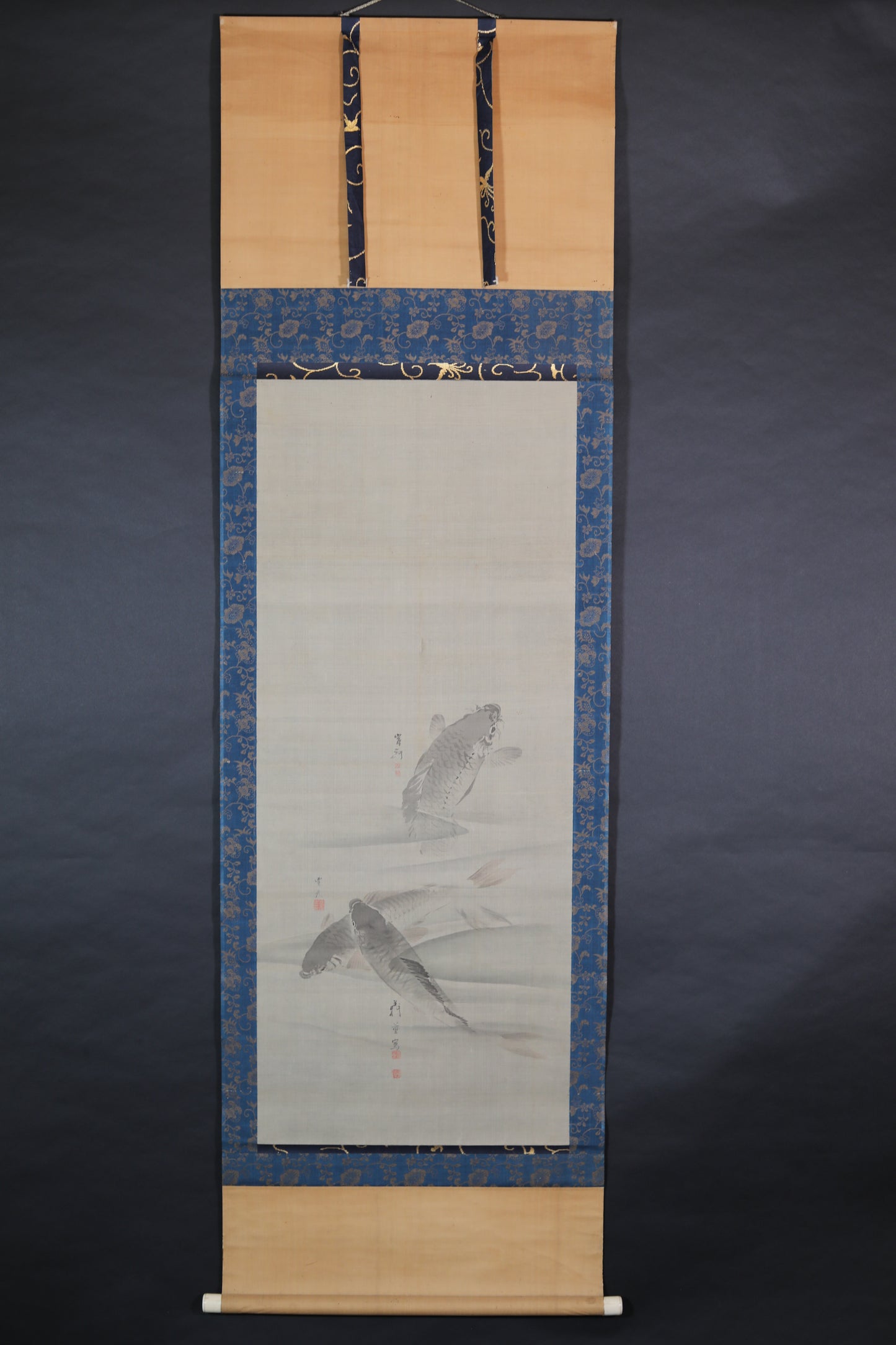 Japanese antique watercolor painting scroll fine painted carps KOI, KAKEJIKU with signature of three masters H68.5x20.5in / 174x52cm