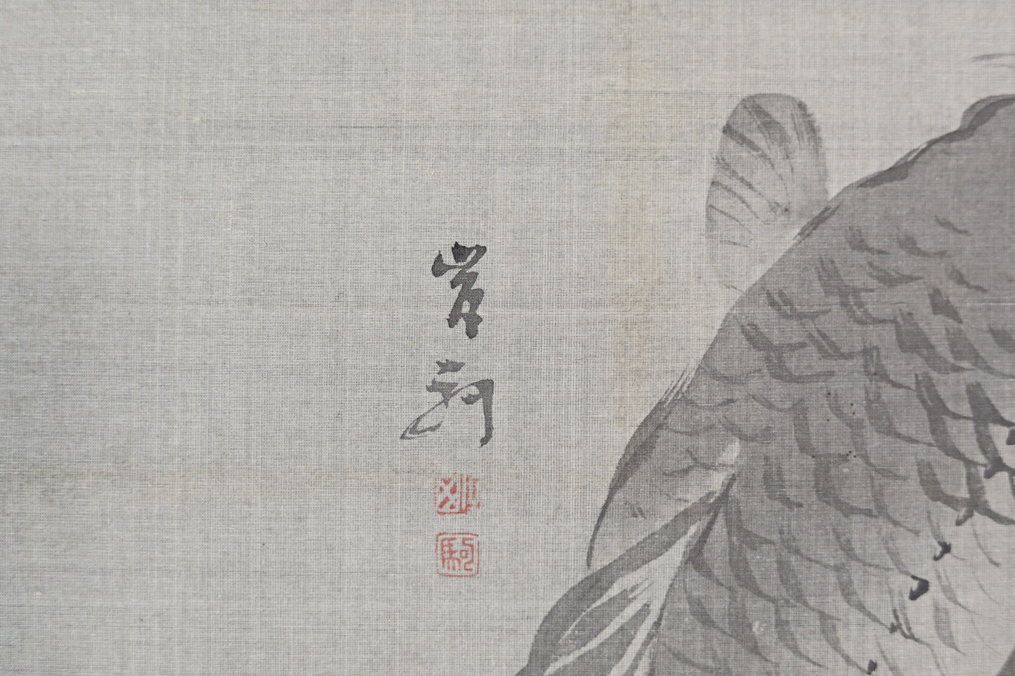 Japanese antique watercolor painting scroll fine painted carps KOI, KAKEJIKU with signature of three masters H68.5x20.5in / 174x52cm