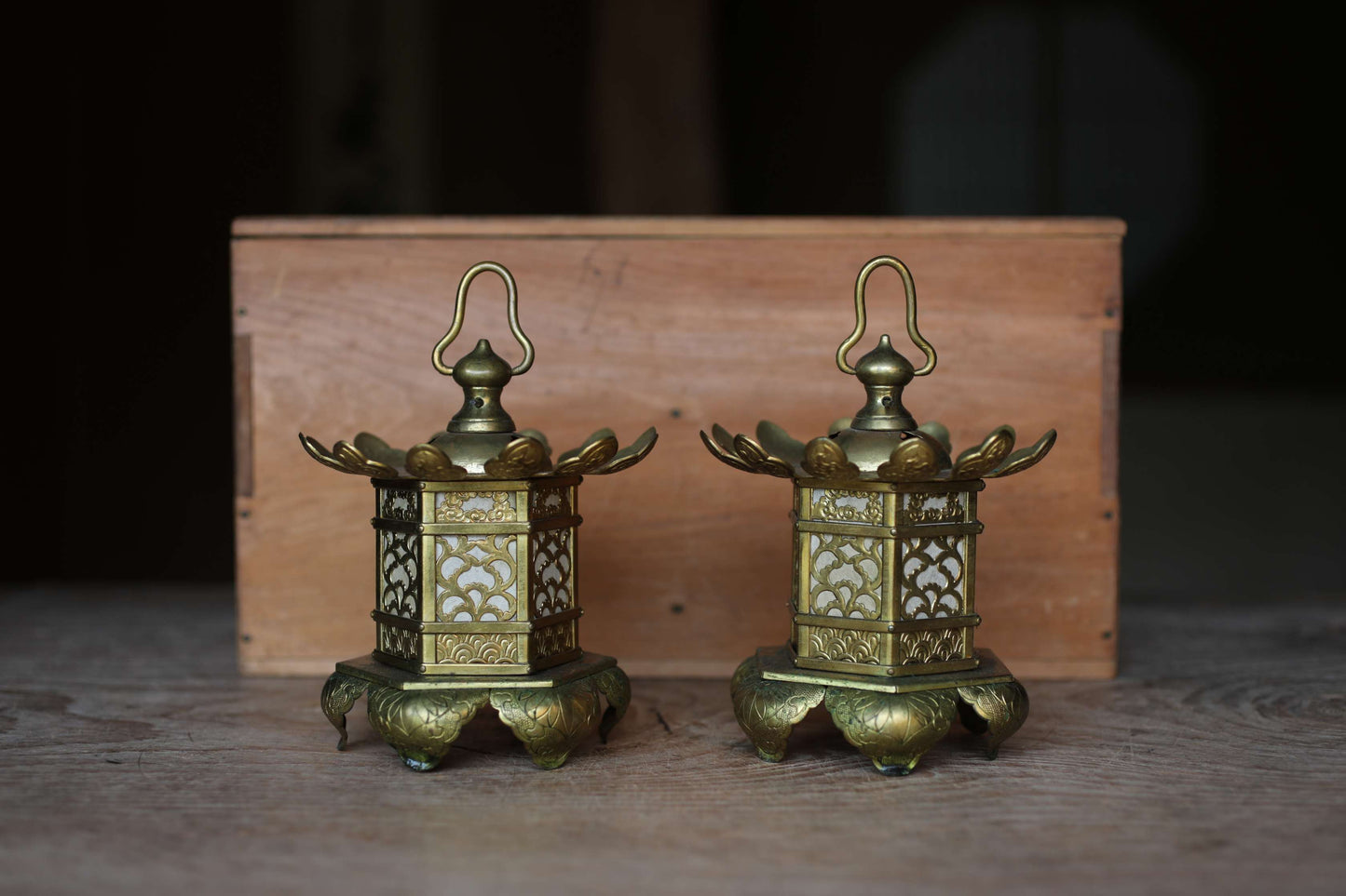 FINE! Pair of Beautiful Japanese antique 1890s furniture brass hexagonal hanging lanterns, lotus design from Buddhist temple H5.5in/H14cm