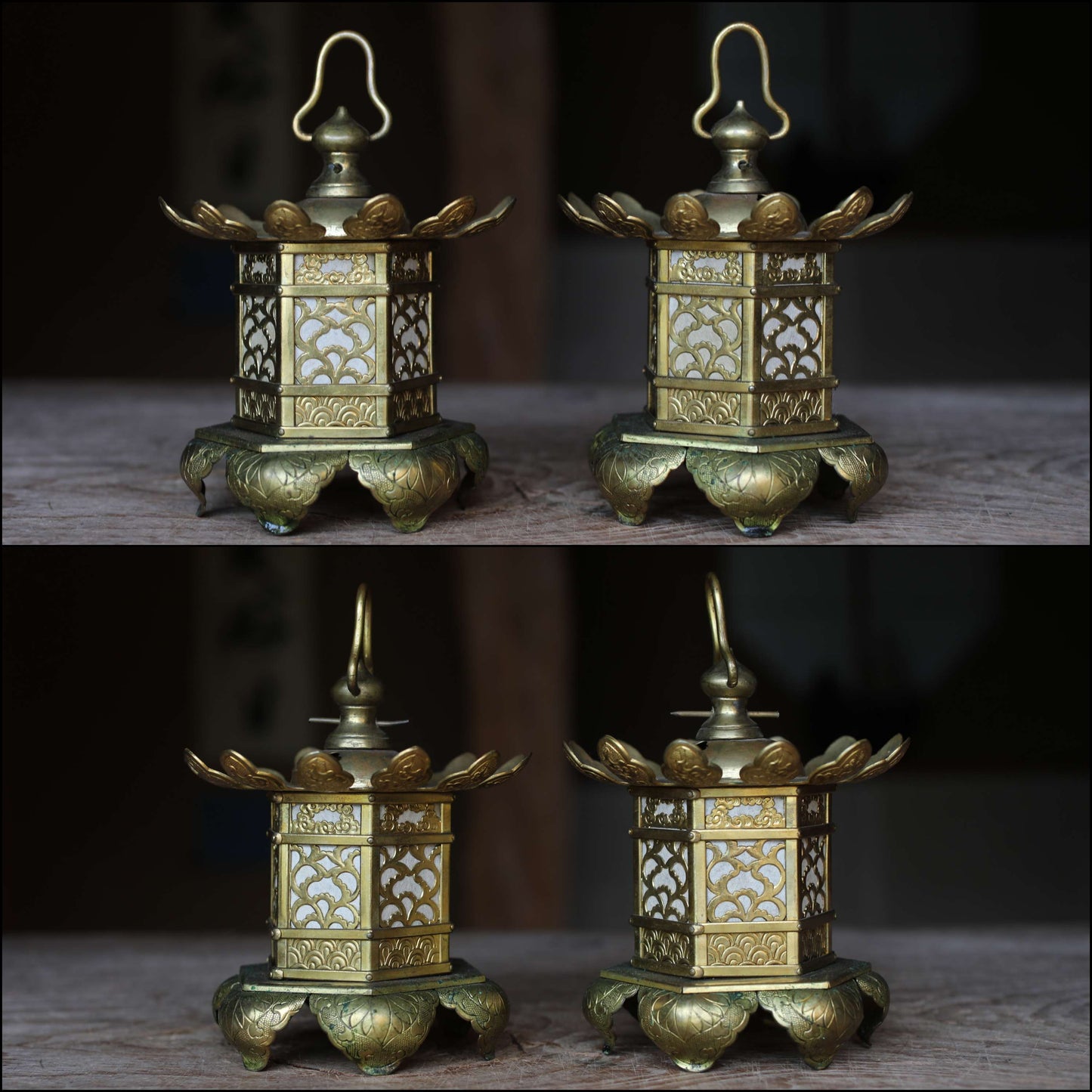 FINE! Pair of Beautiful Japanese antique 1890s furniture brass hexagonal hanging lanterns, lotus design from Buddhist temple H5.5in/H14cm