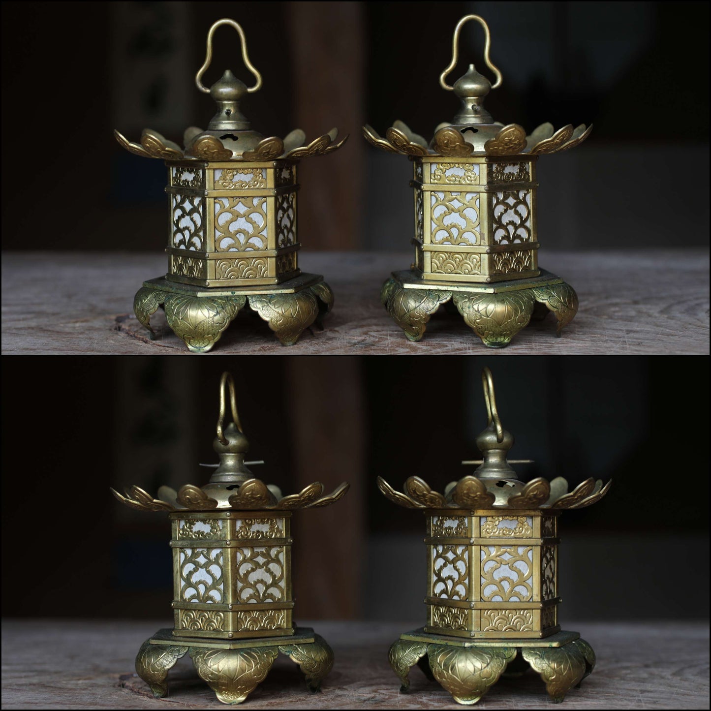 FINE! Pair of Beautiful Japanese antique 1890s furniture brass hexagonal hanging lanterns, lotus design from Buddhist temple H5.5in/H14cm