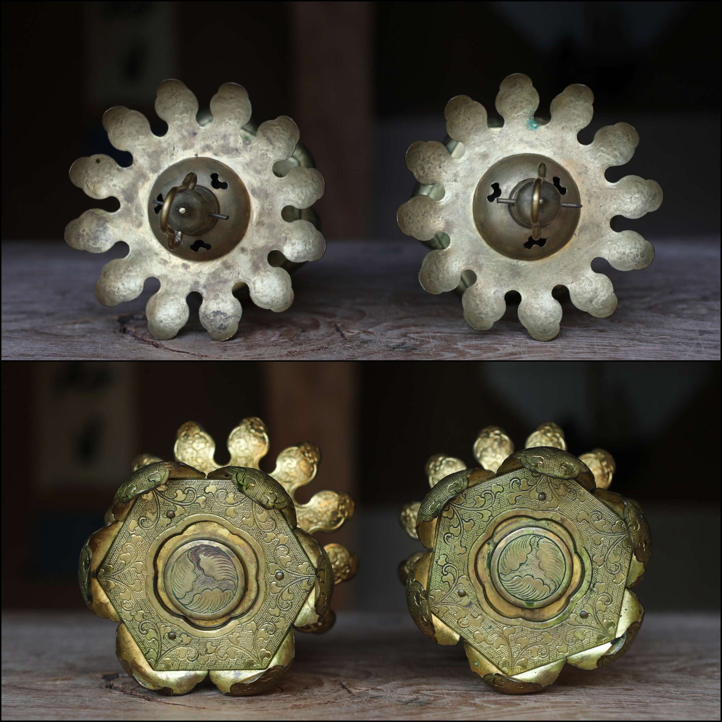 FINE! Pair of Beautiful Japanese antique 1890s furniture brass hexagonal hanging lanterns, lotus design from Buddhist temple H5.5in/H14cm