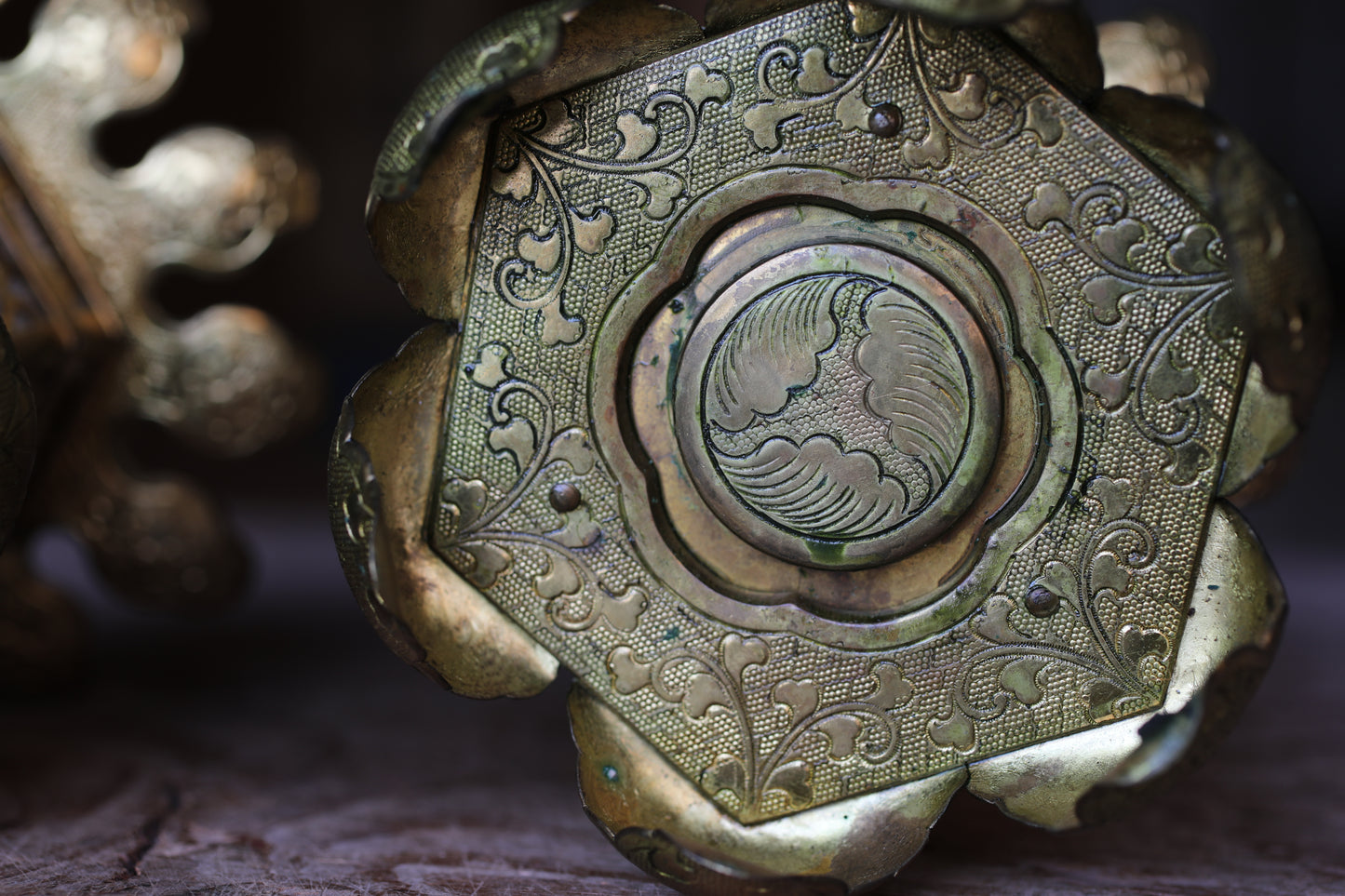 FINE! Pair of Beautiful Japanese antique 1890s furniture brass hexagonal hanging lanterns, lotus design from Buddhist temple H5.5in/H14cm