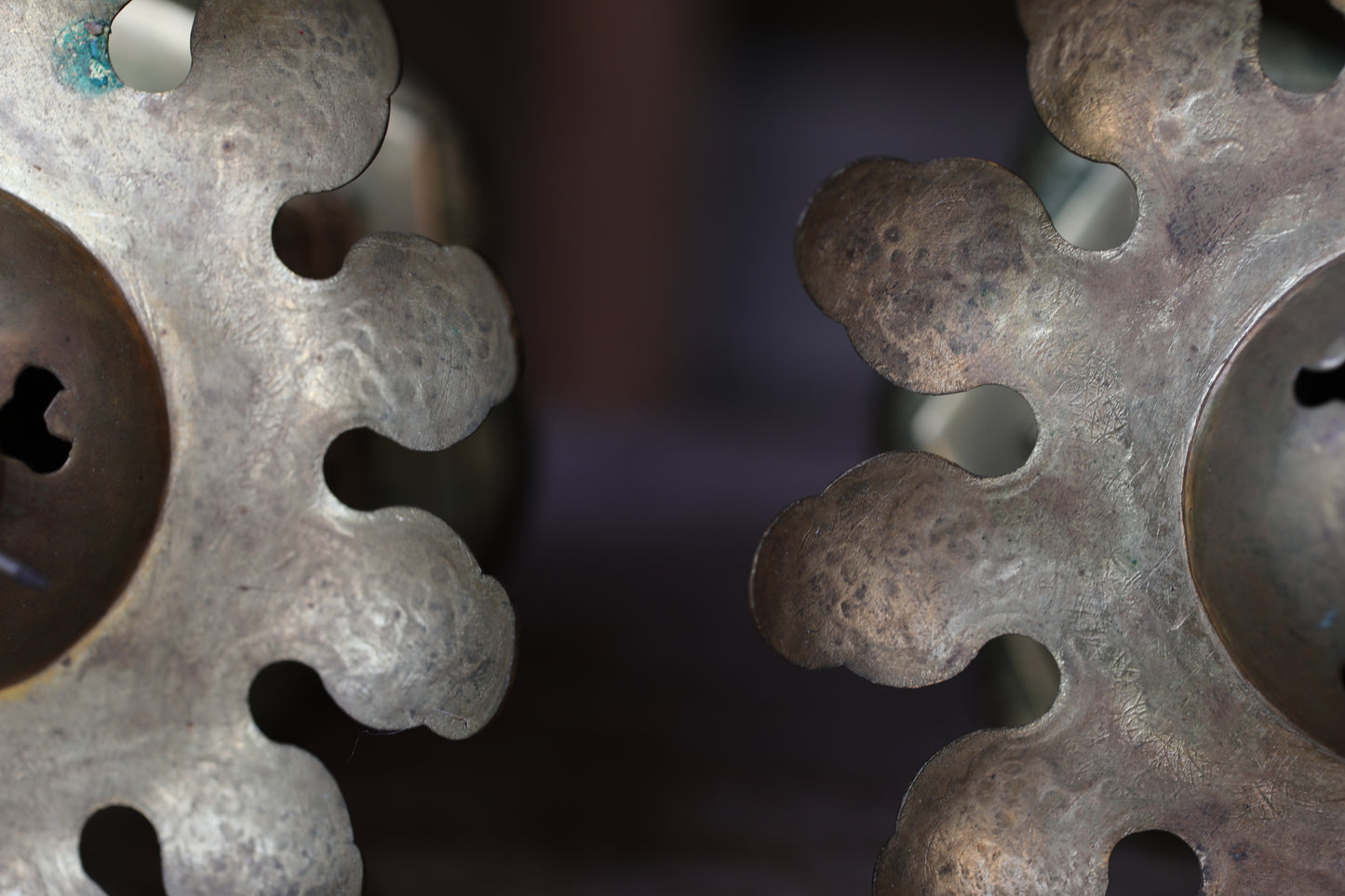 FINE! Pair of Beautiful Japanese antique 1890s furniture brass hexagonal hanging lanterns, lotus design from Buddhist temple H5.5in/H14cm