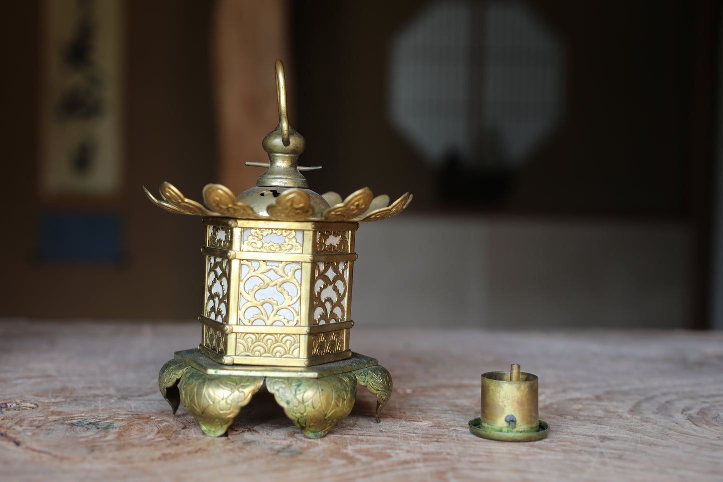 FINE! Pair of Beautiful Japanese antique 1890s furniture brass hexagonal hanging lanterns, lotus design from Buddhist temple H5.5in/H14cm