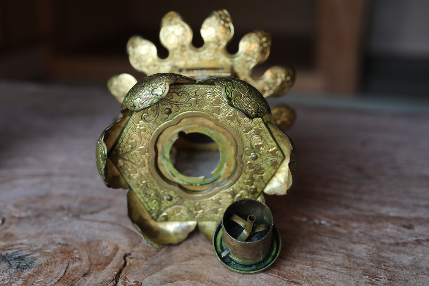 FINE! Pair of Beautiful Japanese antique 1890s furniture brass hexagonal hanging lanterns, lotus design from Buddhist temple H5.5in/H14cm