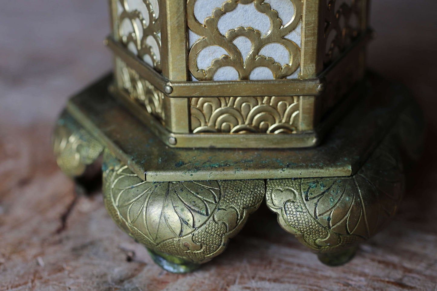 FINE! Pair of Beautiful Japanese antique 1890s furniture brass hexagonal hanging lanterns, lotus design from Buddhist temple H5.5in/H14cm