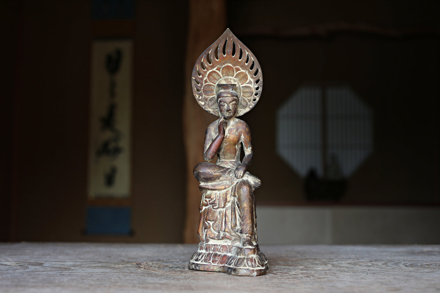 Japanese antique Bronze buddha Miroku Maitreya Bodhisattva statue buddhist temple statue (H10.8in/27.5cm)