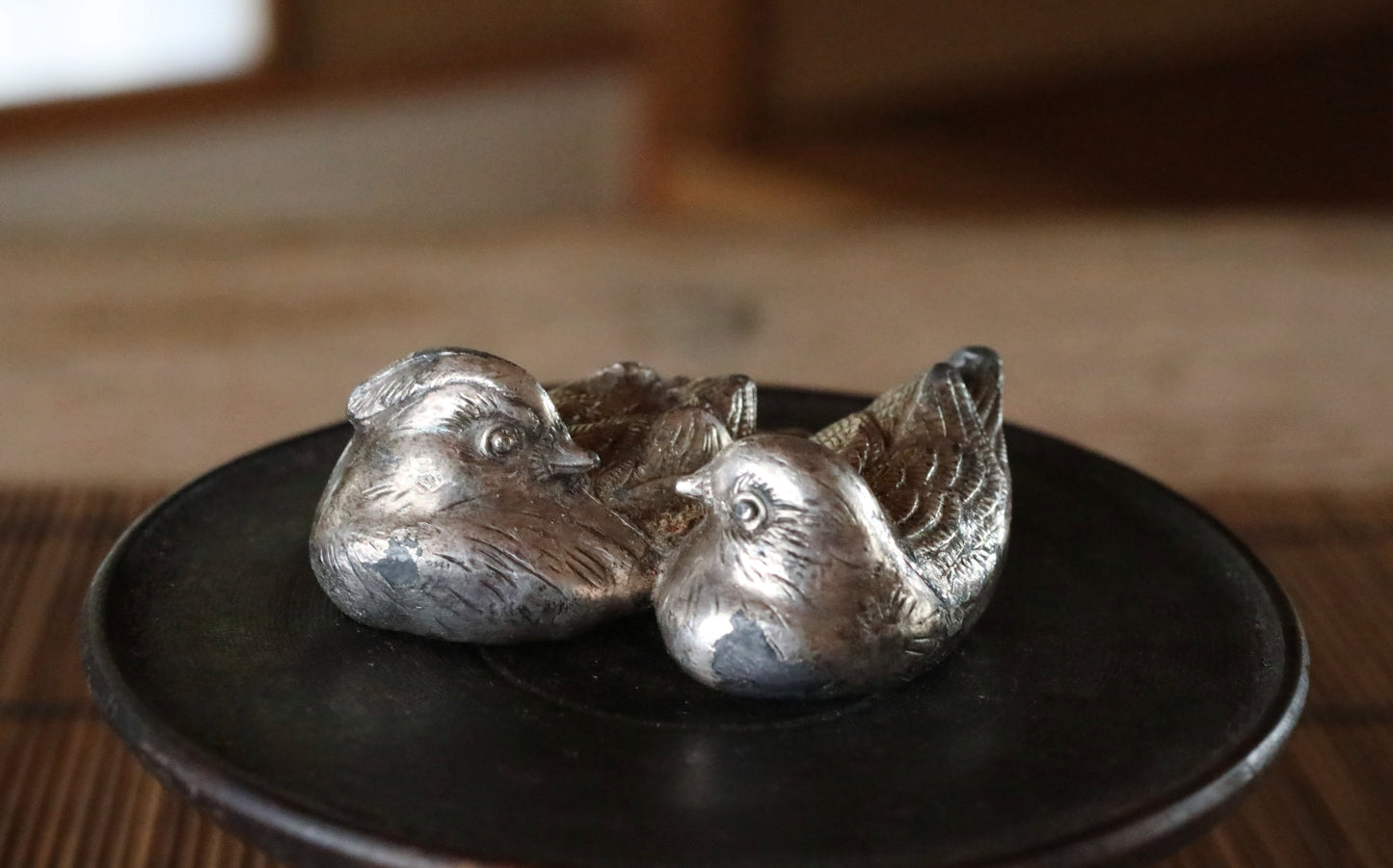 Japanese vintage small metal paper weight, pair of Mandarin duck, small tin alloy desk ornament, vintage bird figure  H1xW2.8in/2.5x7cm