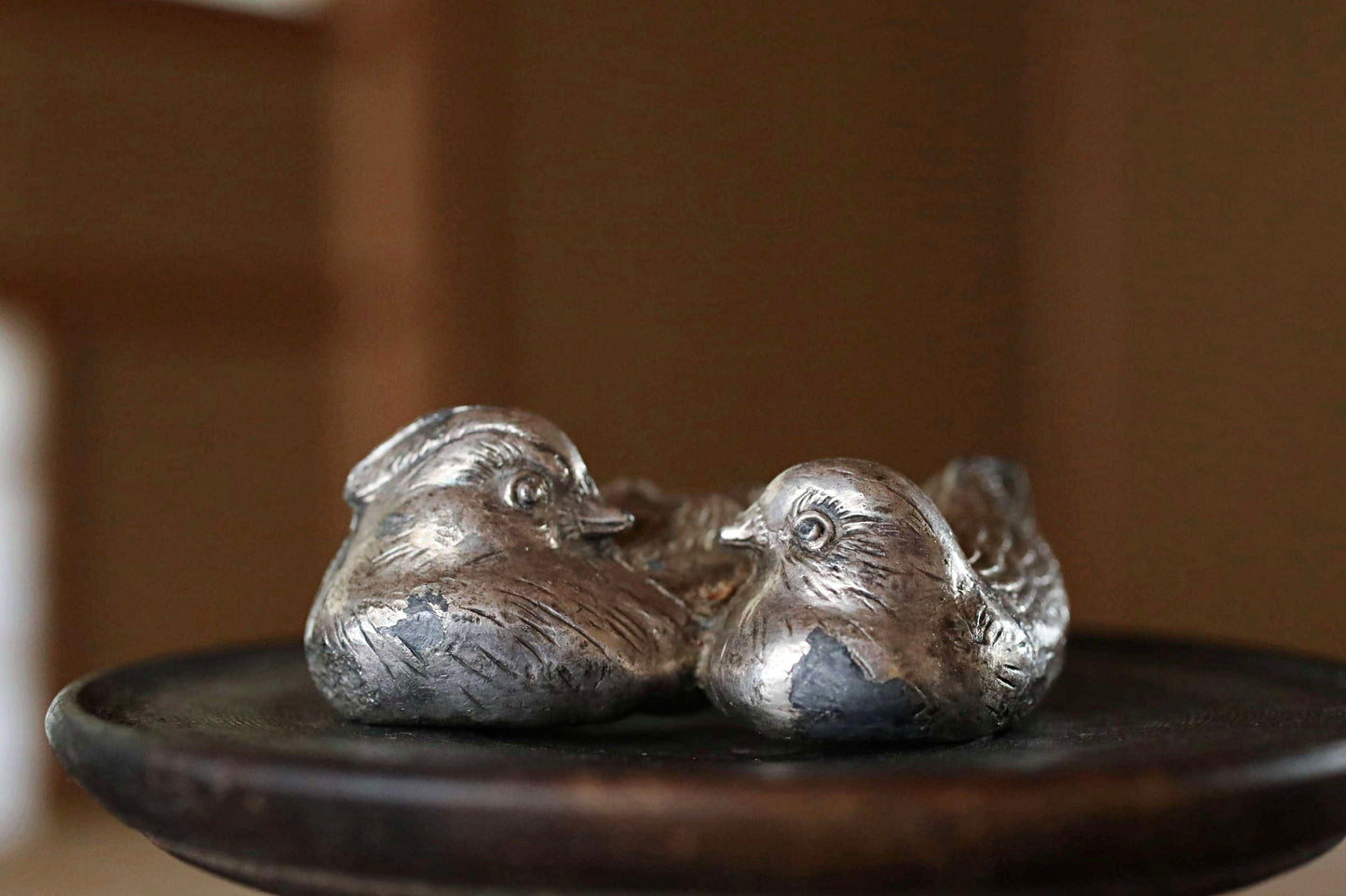 Japanese vintage small metal paper weight, pair of Mandarin duck, small tin alloy desk ornament, vintage bird figure  H1xW2.8in/2.5x7cm