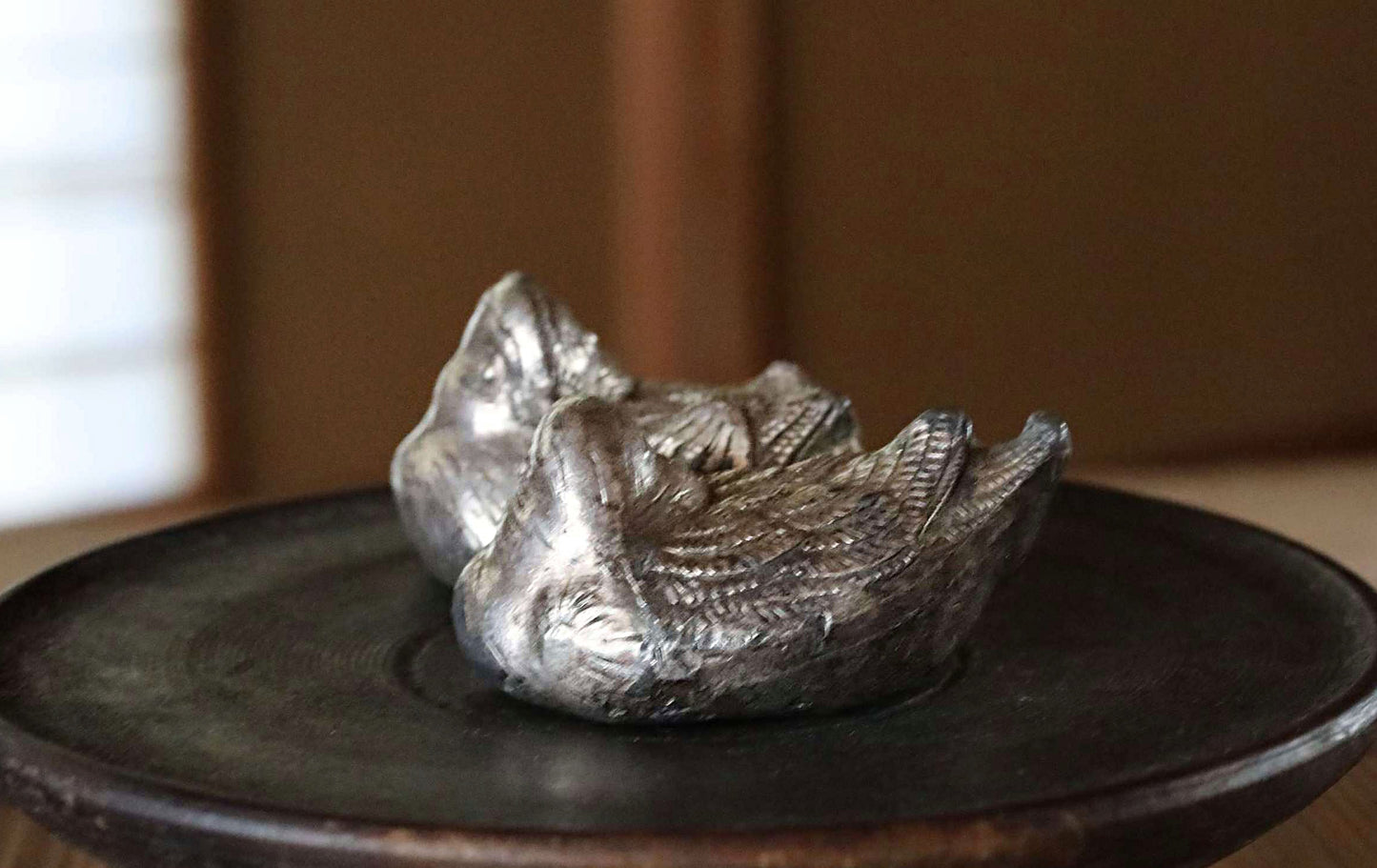 Japanese vintage small metal paper weight, pair of Mandarin duck, small tin alloy desk ornament, vintage bird figure  H1xW2.8in/2.5x7cm