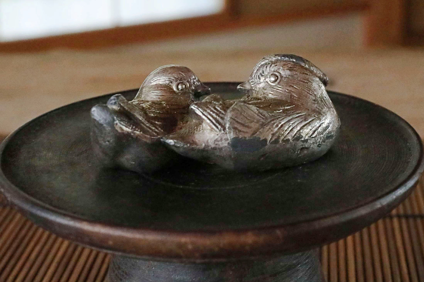 Japanese vintage small metal paper weight, pair of Mandarin duck, small tin alloy desk ornament, vintage bird figure  H1xW2.8in/2.5x7cm