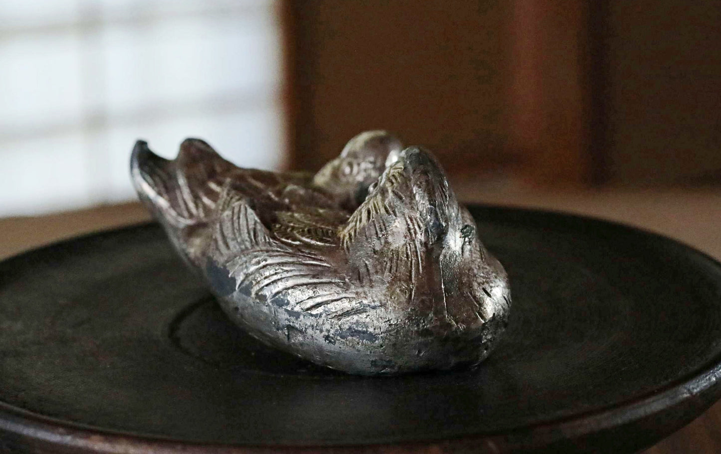 Japanese vintage small metal paper weight, pair of Mandarin duck, small tin alloy desk ornament, vintage bird figure  H1xW2.8in/2.5x7cm