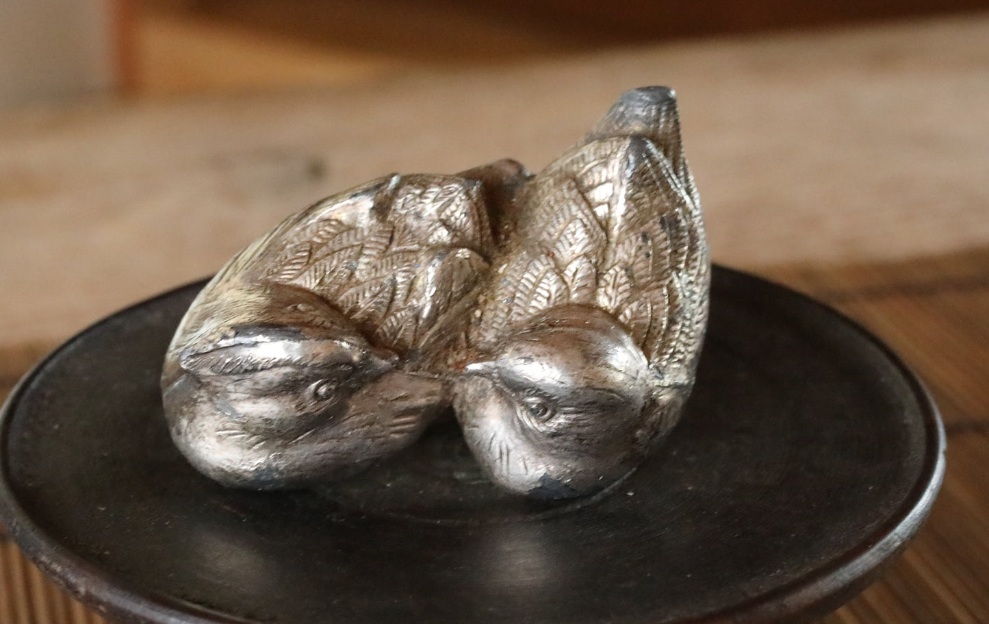 Japanese vintage small metal paper weight, pair of Mandarin duck, small tin alloy desk ornament, vintage bird figure  H1xW2.8in/2.5x7cm