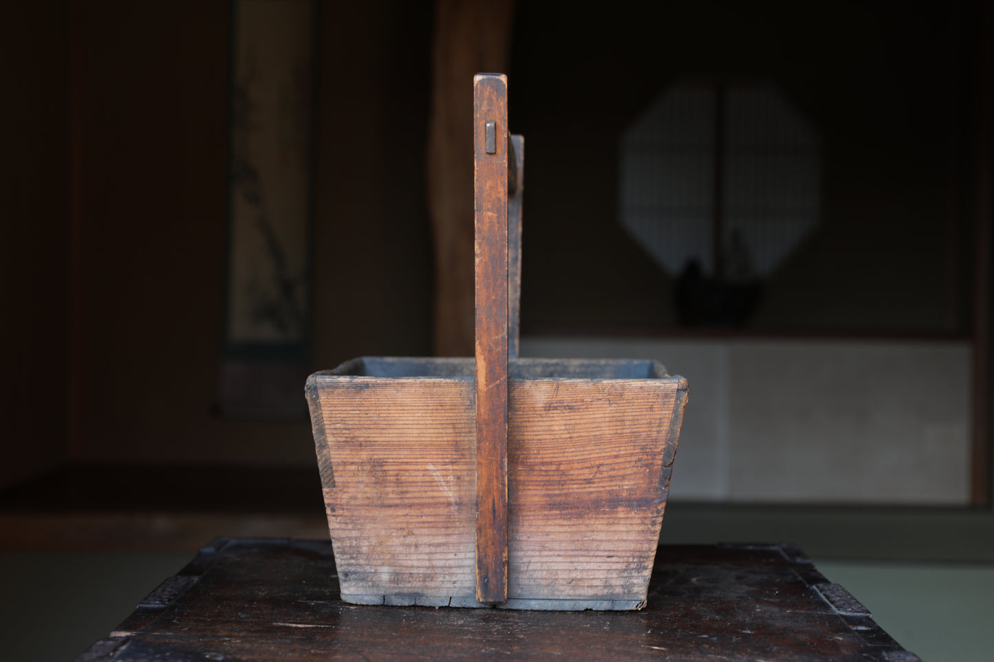 Japanese Vintage Wooden Charcoal Container, Kenzan Vase Set