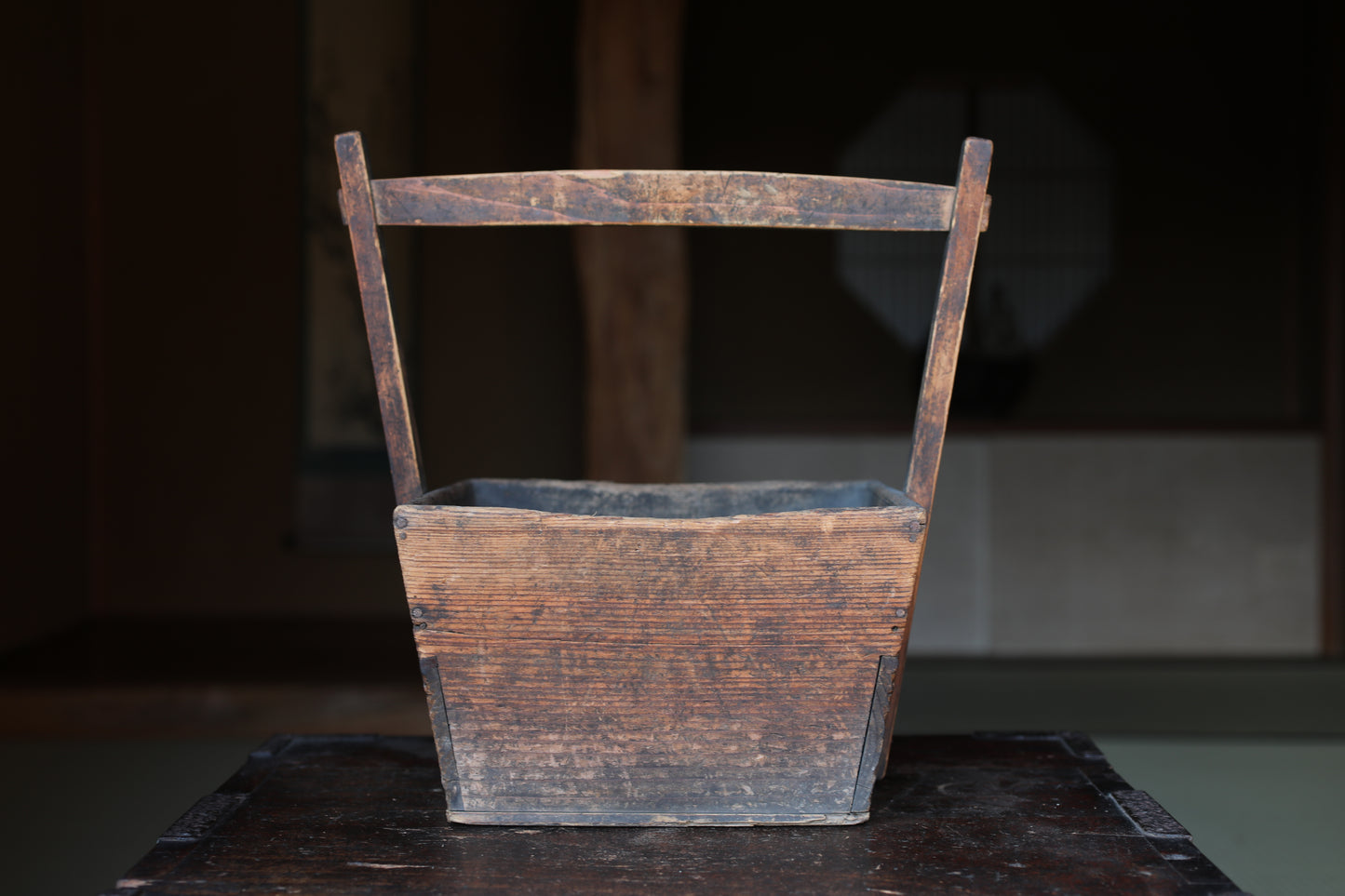 Japanese Vintage Wooden Charcoal Container, Kenzan Vase Set