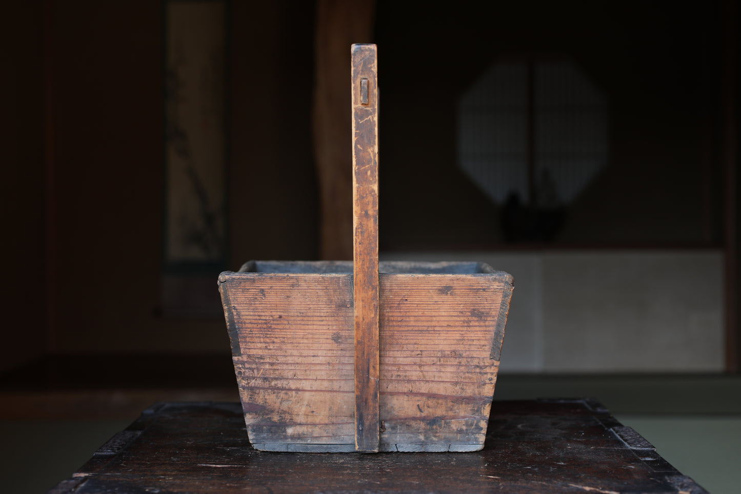 Japanese Vintage Wooden Charcoal Container, Kenzan Vase Set