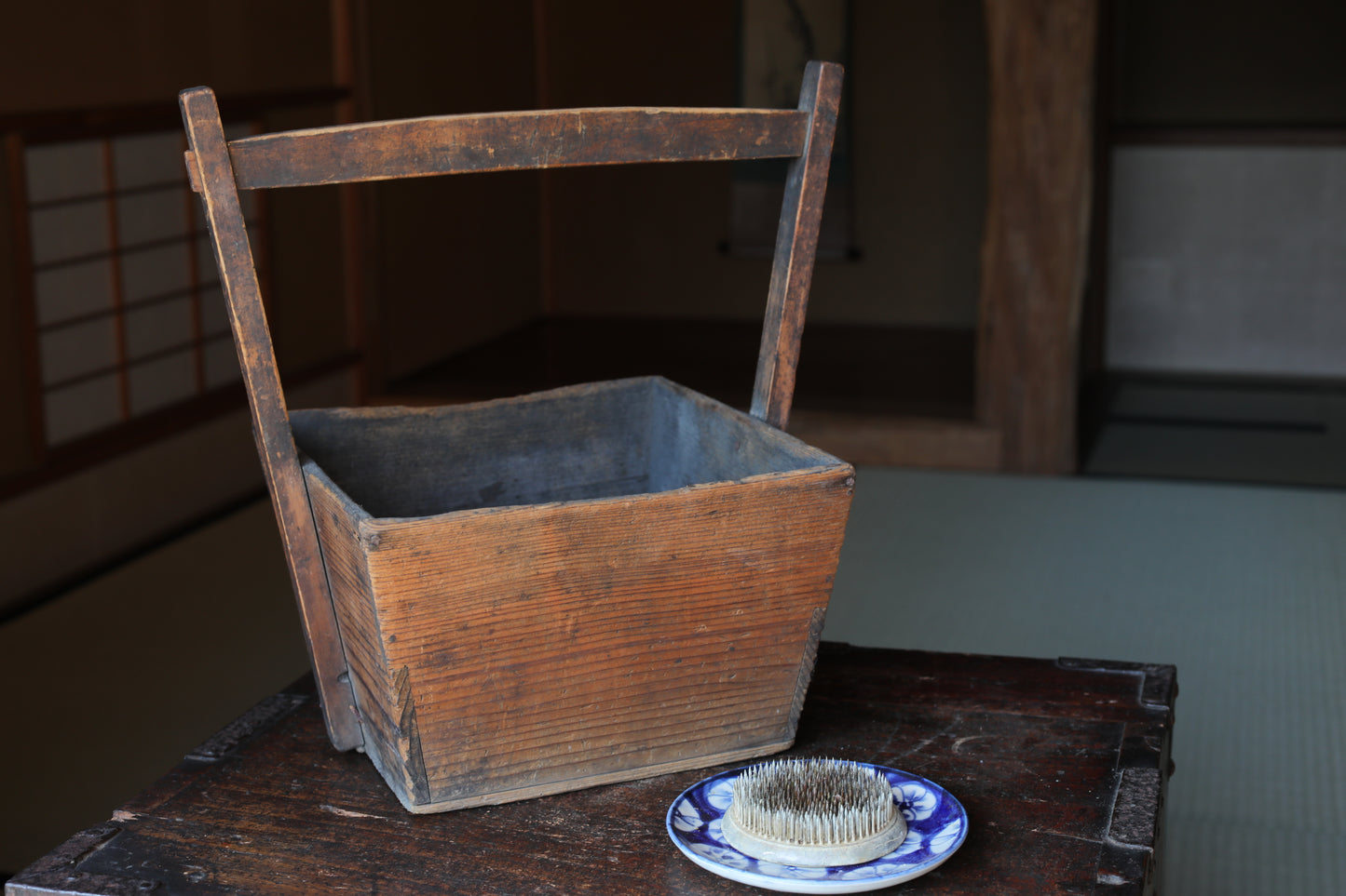 Japanese Vintage Wooden Charcoal Container, Kenzan Vase Set