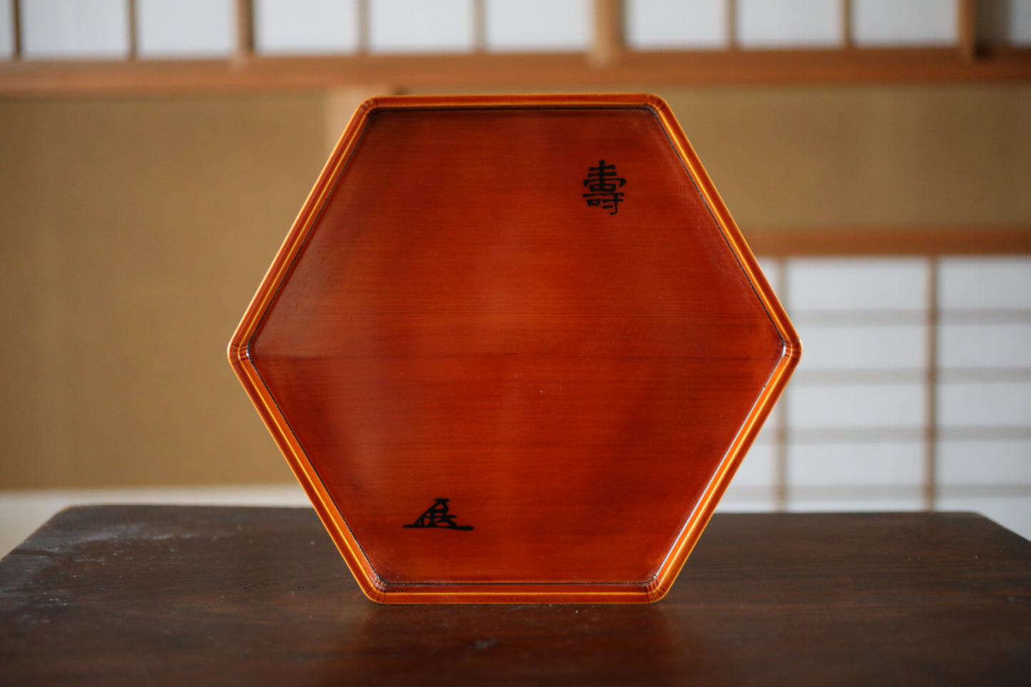 Japanese Vintage Lacquer hexagonal tray wooden Reddish brown brand Kanji calligraphy, 春慶 shunkei for Tea ceremony tray W12in/30.6cm