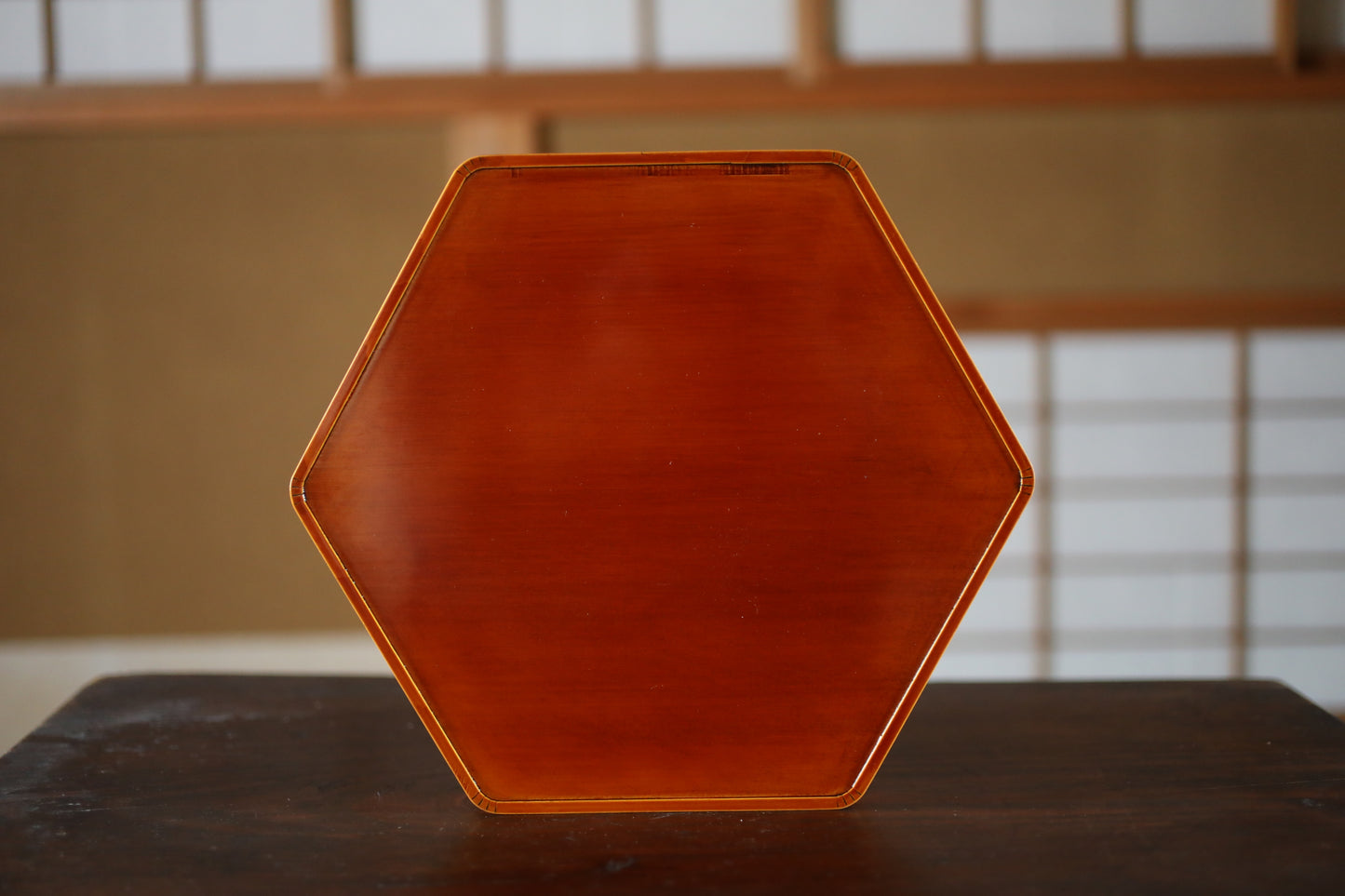 Japanese Vintage Lacquer hexagonal tray wooden Reddish brown brand Kanji calligraphy, 春慶 shunkei for Tea ceremony tray W12in/30.6cm