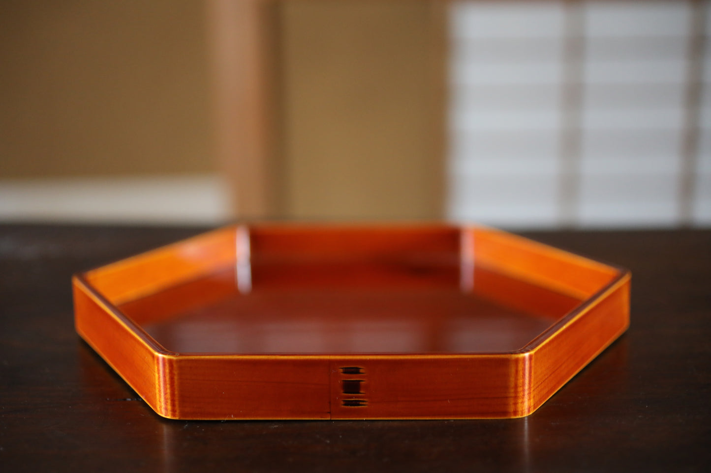 Japanese Vintage Lacquer hexagonal tray wooden Reddish brown brand Kanji calligraphy, 春慶 shunkei for Tea ceremony tray W12in/30.6cm