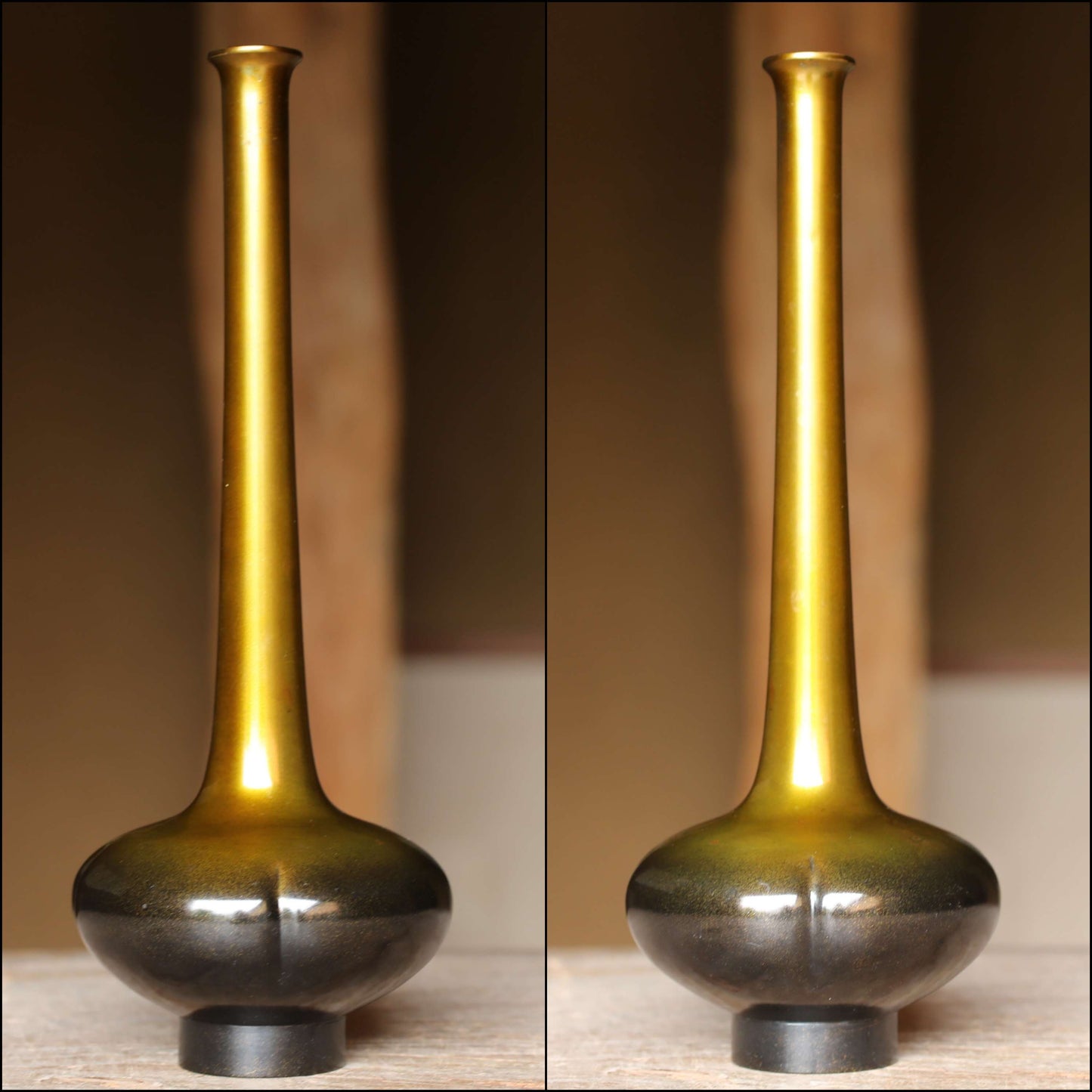 FINE! Japanese vintage beautiful yellow gold bronze vase Boke style, with Kanji signature for Tea ceremony, IKEBANA For gift H9.8in/25cm