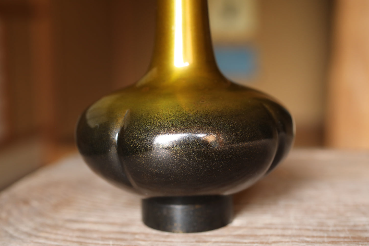 FINE! Japanese vintage beautiful yellow gold bronze vase Boke style, with Kanji signature for Tea ceremony, IKEBANA For gift H9.8in/25cm