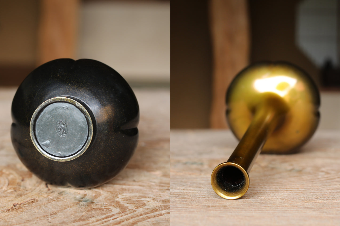 FINE! Japanese vintage beautiful yellow gold bronze vase Boke style, with Kanji signature for Tea ceremony, IKEBANA For gift H9.8in/25cm