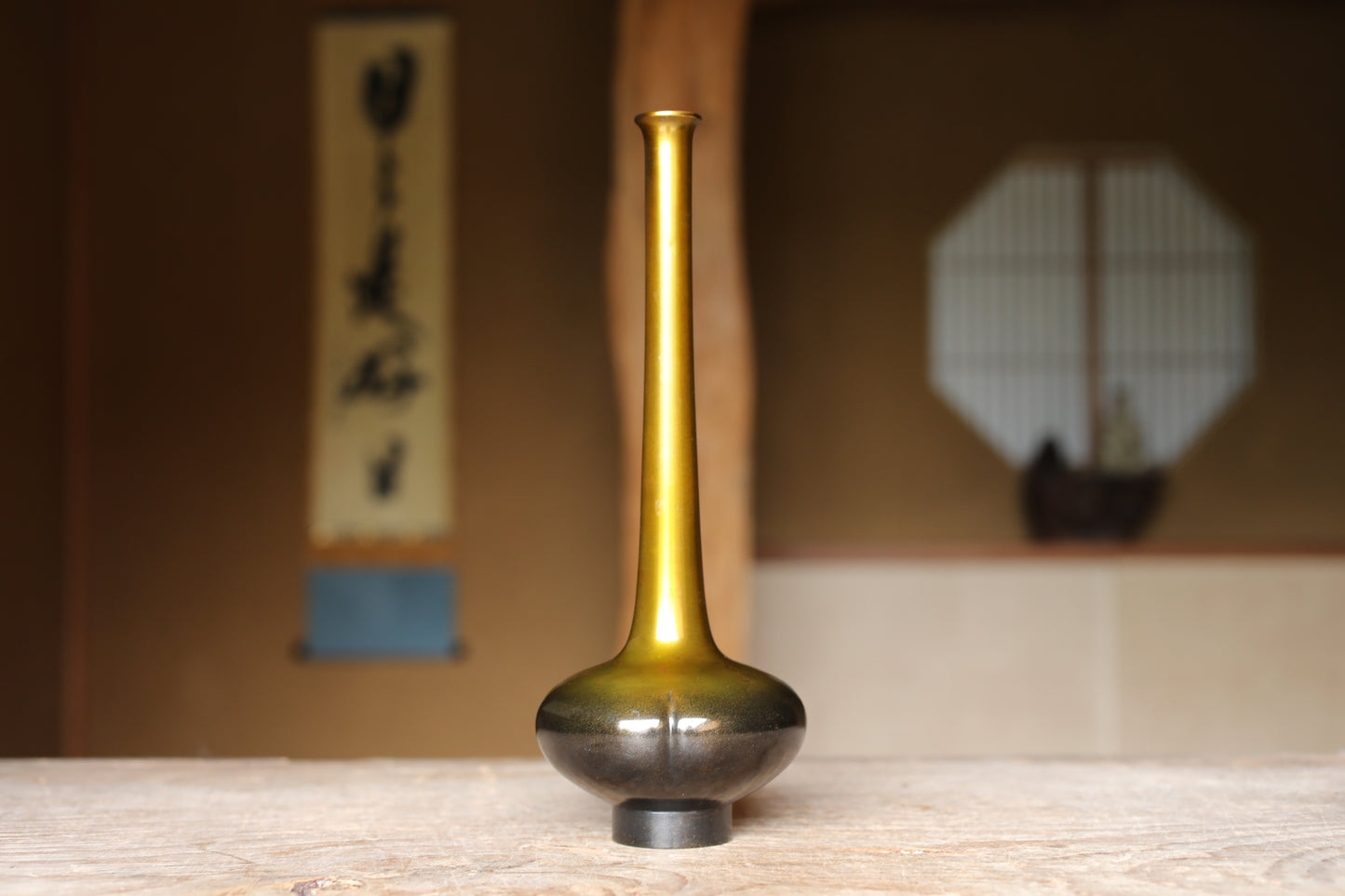 FINE! Japanese vintage beautiful yellow gold bronze vase Boke style, with Kanji signature for Tea ceremony, IKEBANA For gift H9.8in/25cm