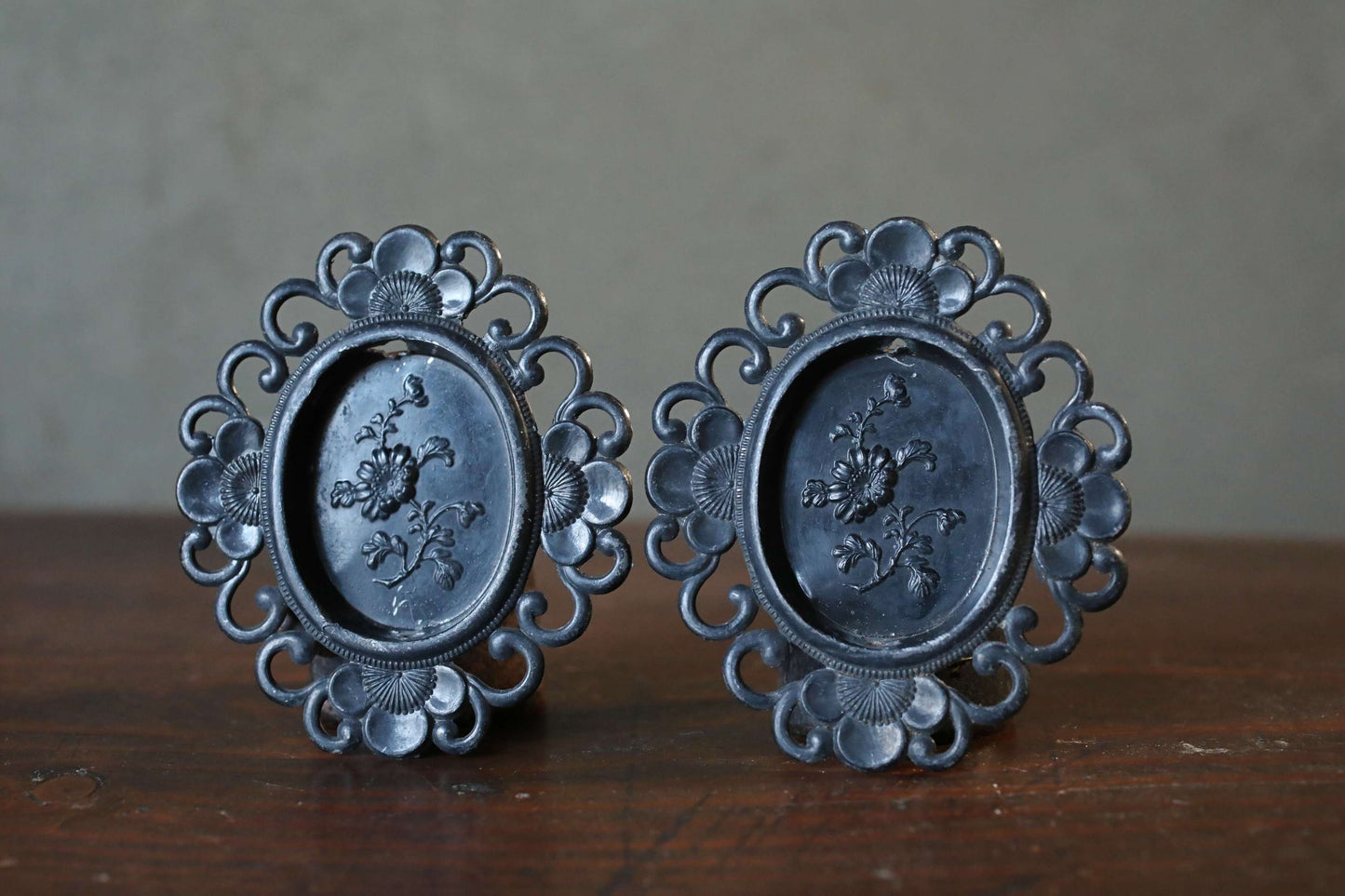 Antique Bronze FUSUMA Pair of Handles: Chrysanthemum & Plum, 1920s