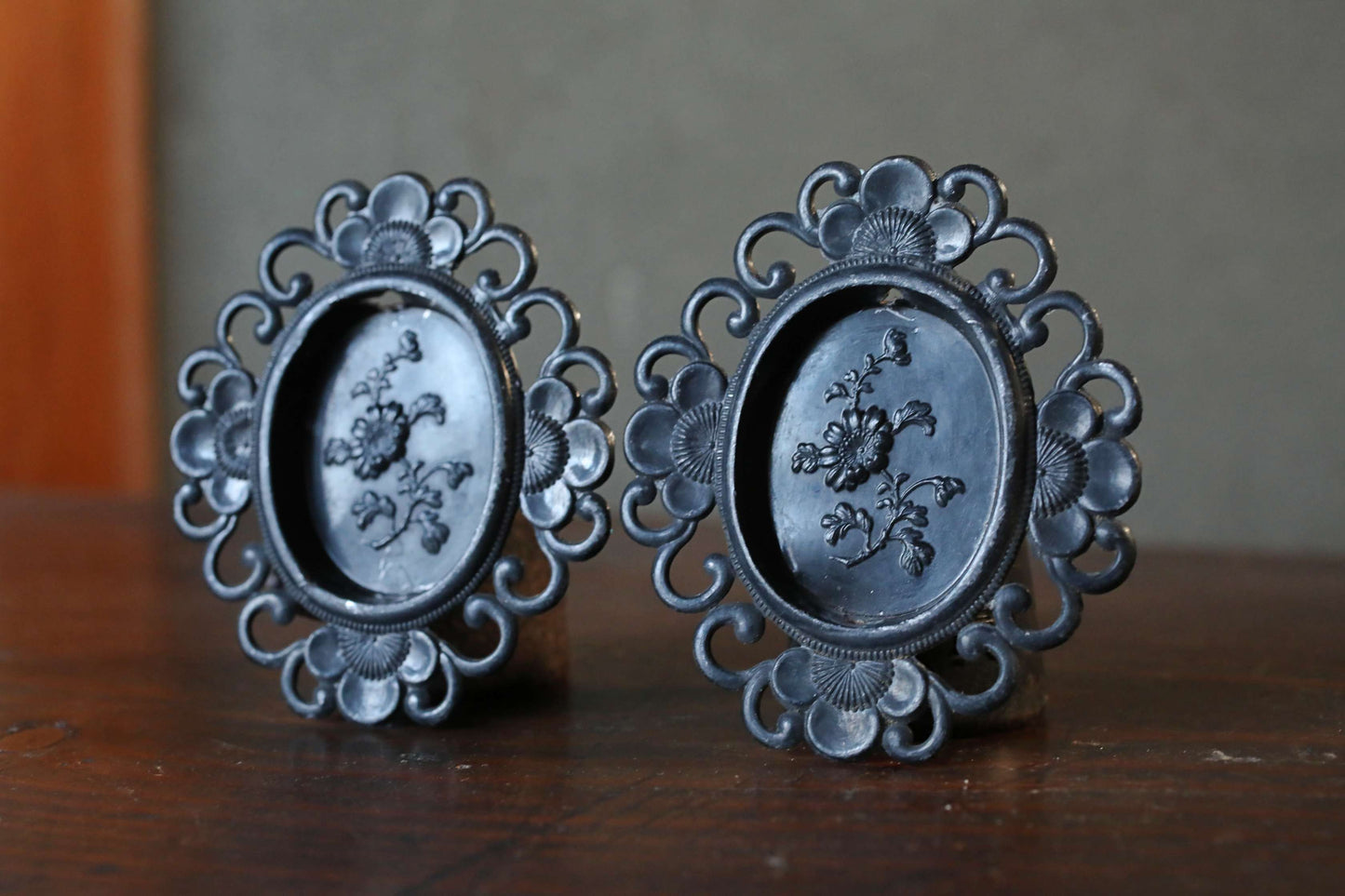 Antique Bronze FUSUMA Pair of Handles: Chrysanthemum & Plum, 1920s