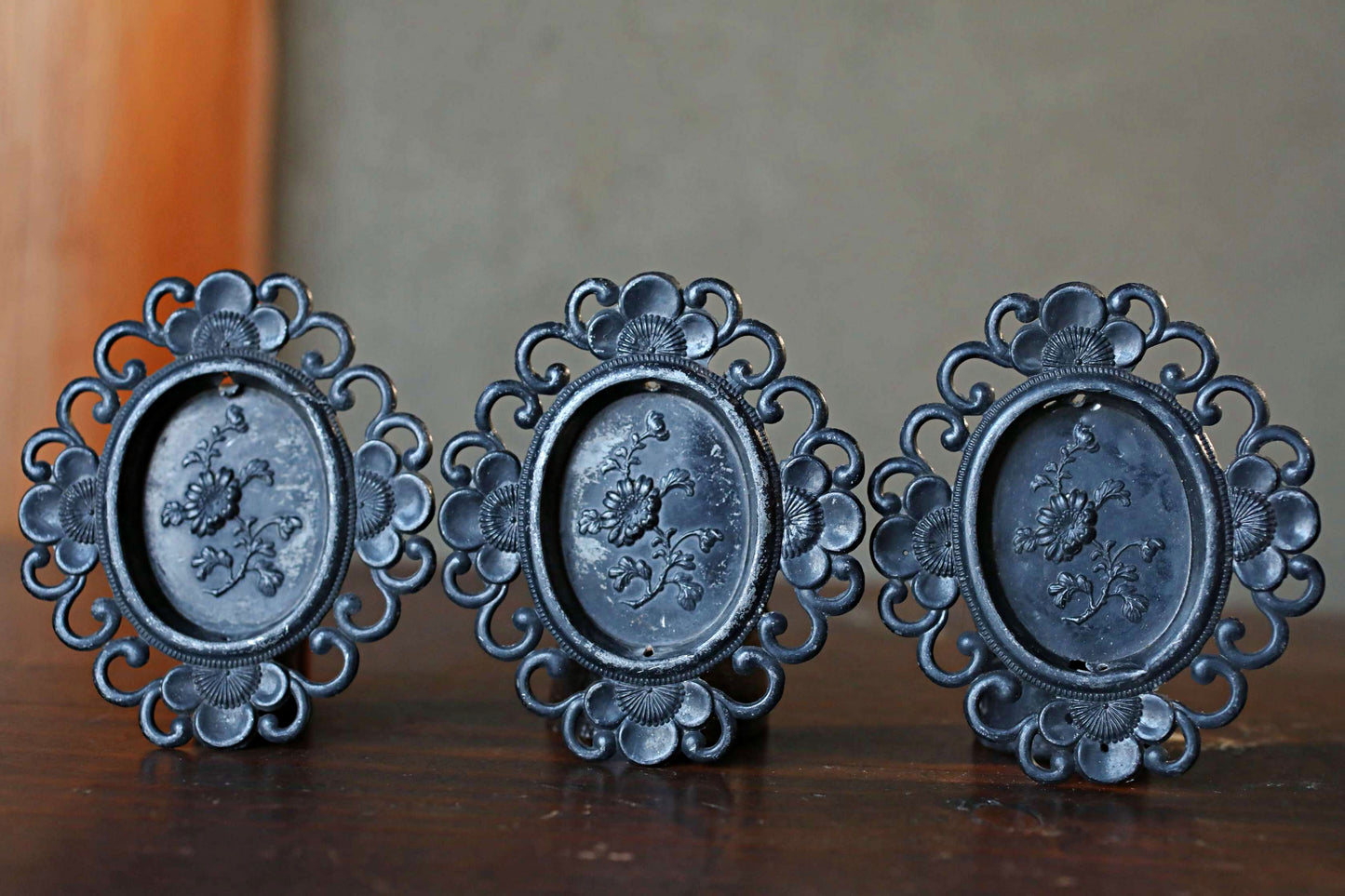 5 set Antique Bronze FUSUMA Handles: Chrysanthemum & Plum, 1920s