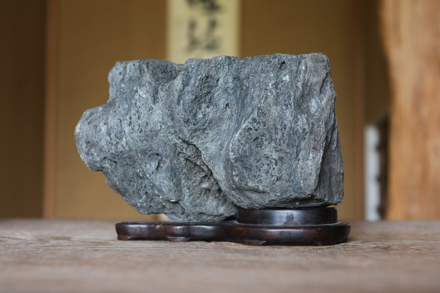 Japanese old "SUISEKI" scholars stone, indoor viewing stone, Saji-gawa stone, with a hand carved pedestal Power stone H5.9 x W8.7in