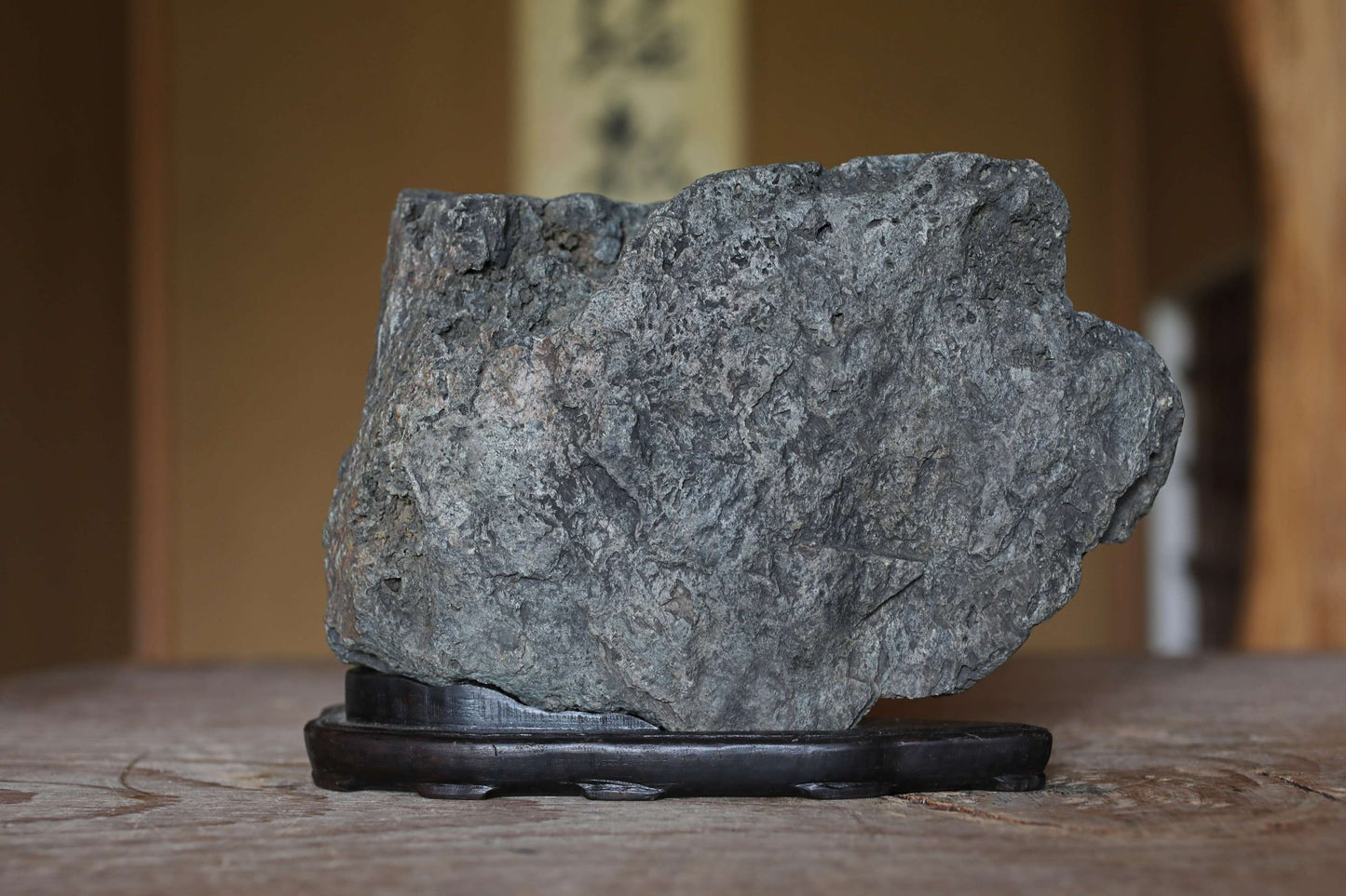 Japanese old "SUISEKI" scholars stone, indoor viewing stone, Saji-gawa stone, with a hand carved pedestal Power stone H5.9 x W8.7in