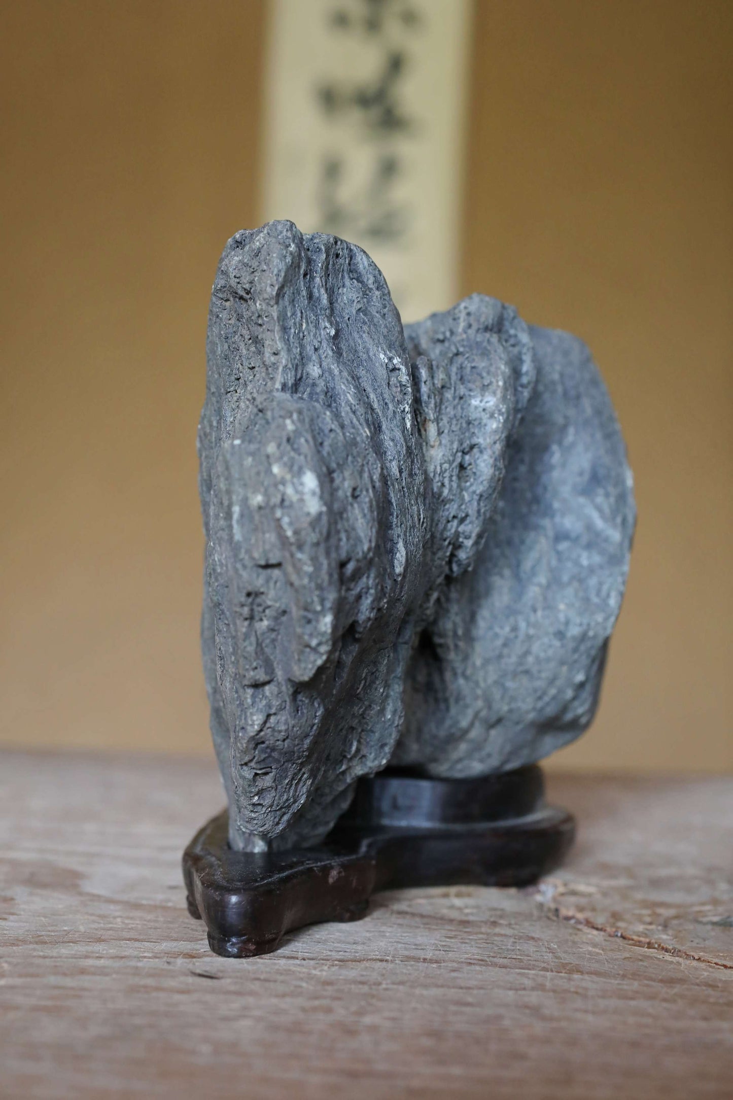 Japanese old "SUISEKI" scholars stone, indoor viewing stone, Saji-gawa stone, with a hand carved pedestal Power stone H5.9 x W8.7in