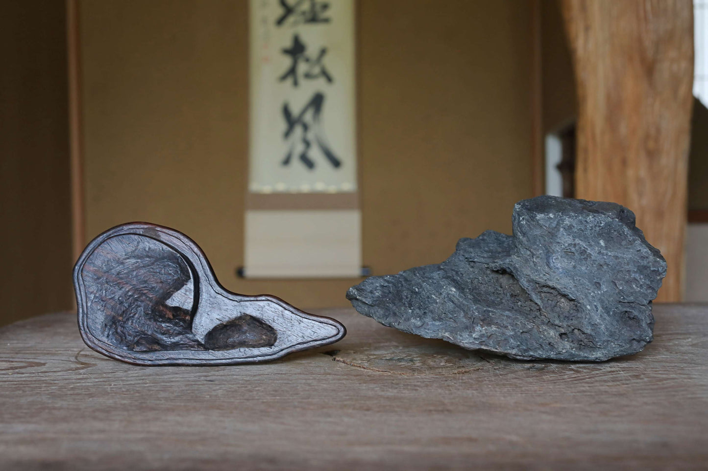 Japanese old "SUISEKI" scholars stone, indoor viewing stone, Saji-gawa stone, with a hand carved pedestal Power stone H5.9 x W8.7in