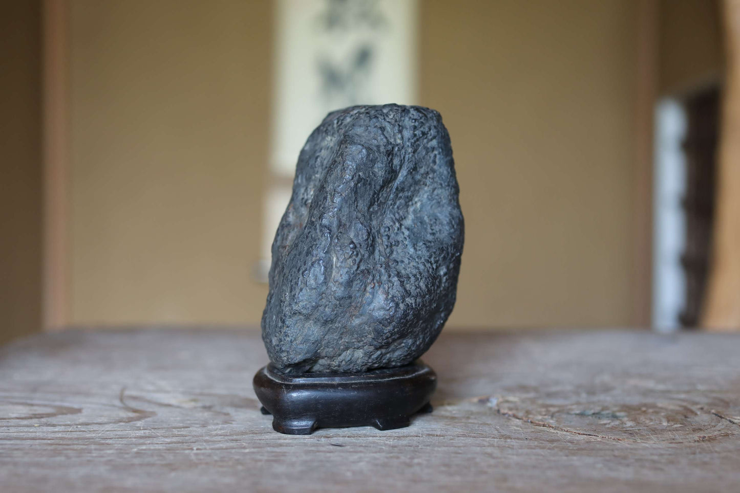 Japanese old "SUISEKI", scholars stone, indoor viewing stone, natural shaped, with a hand carved pedestal Power stone H5.5xW6.7in/14x17cm