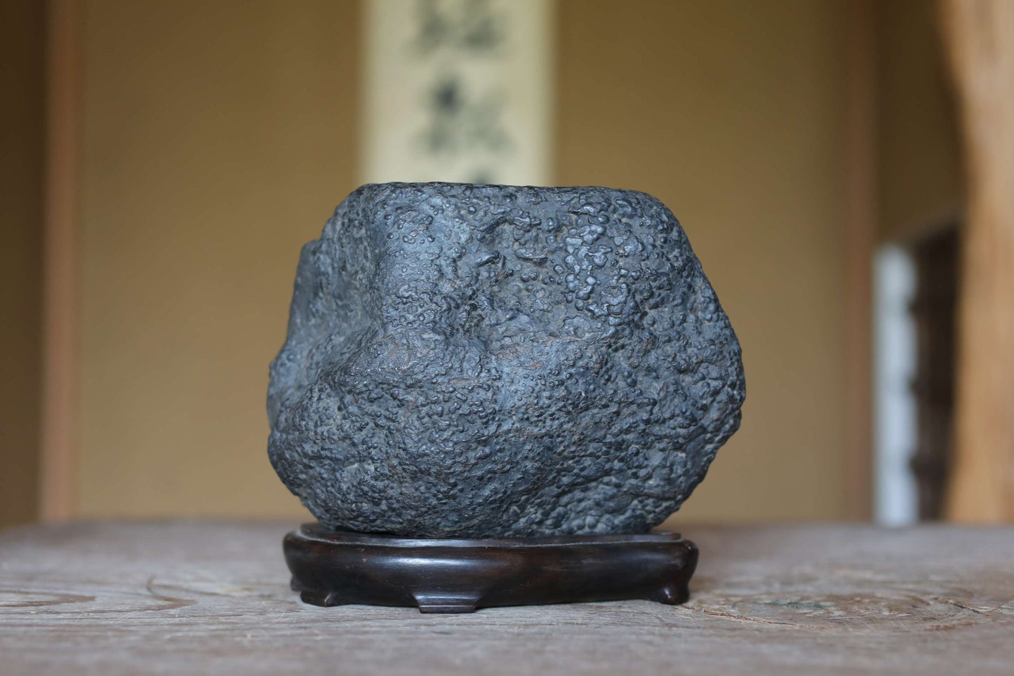 Japanese old "SUISEKI", scholars stone, indoor viewing stone, natural shaped, with a hand carved pedestal Power stone H5.5xW6.7in/14x17cm