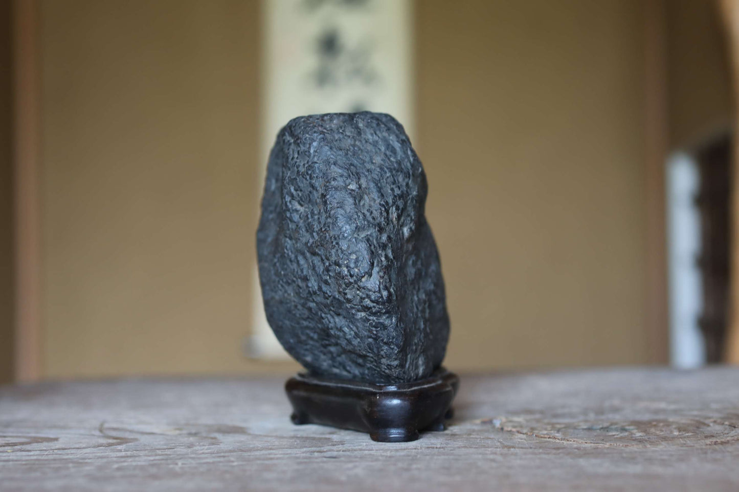 Japanese old "SUISEKI", scholars stone, indoor viewing stone, natural shaped, with a hand carved pedestal Power stone H5.5xW6.7in/14x17cm