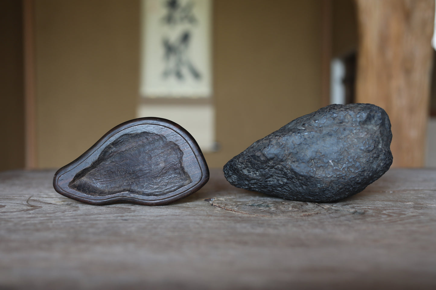 Japanese old "SUISEKI", scholars stone, indoor viewing stone, natural shaped, with a hand carved pedestal Power stone H5.5xW6.7in/14x17cm